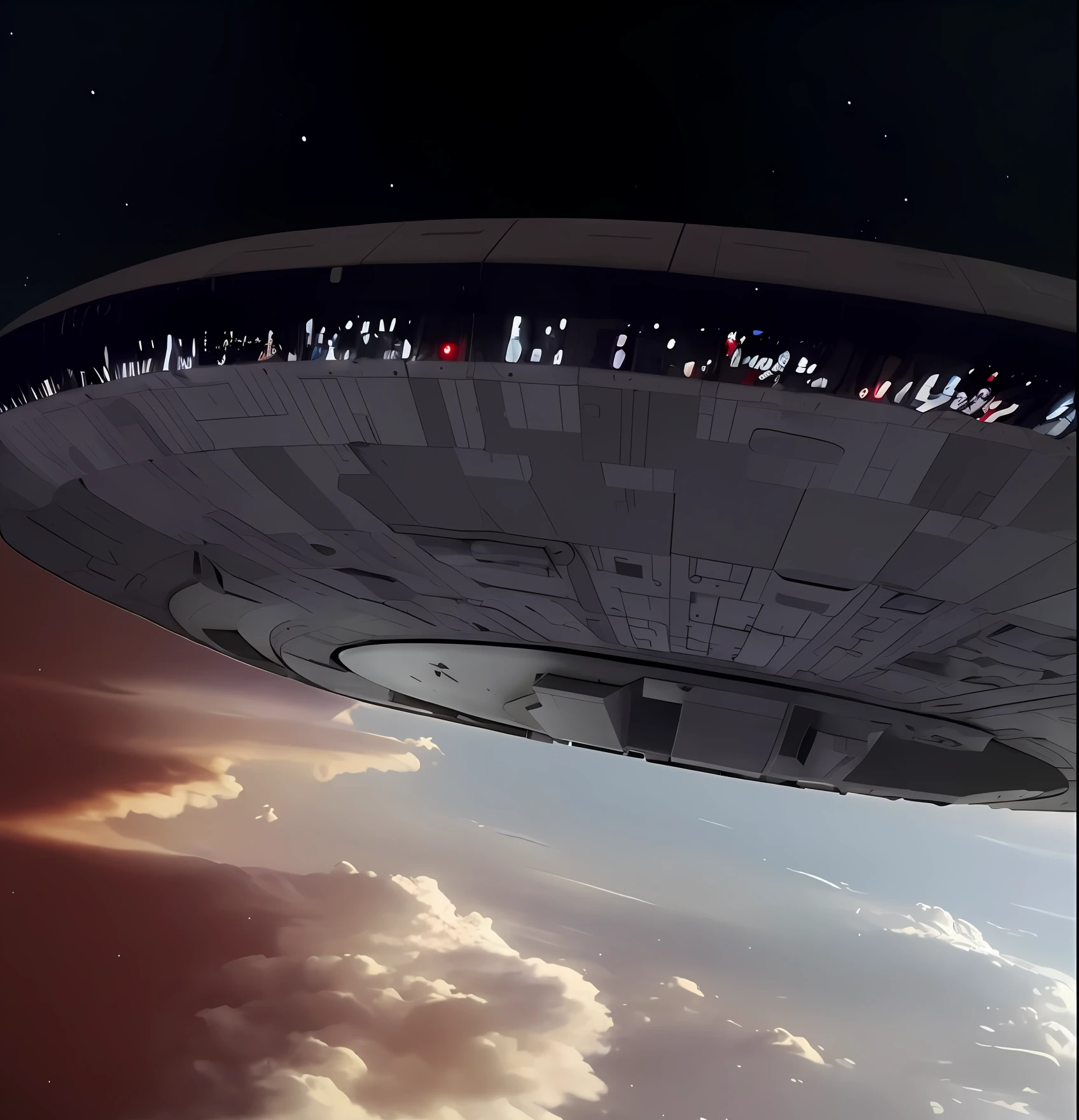 Spaceship flying over Earth in the sky with clouds, ilm of an epic science fiction, In the cinematographers and 2001 A Spaceodyssey, de Star Wars (1977), Space Odyssey 2 0 0 1 ( Film ), of a UFO propulsion system, Captura de tela do cinema e Star Wars, No estilo Roger Deakins, Sobre o Nostromo