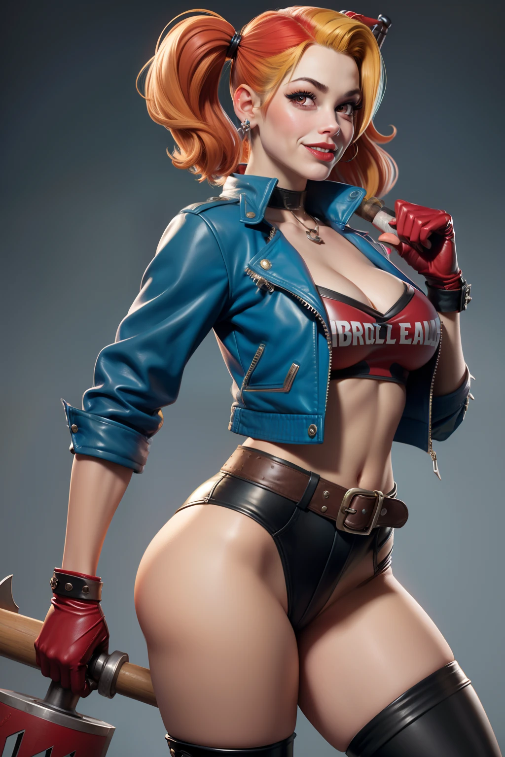 Harley Quinn pin up, Gil Elvgren, wearing a open leather jacket, holding his big hammer in his hand
