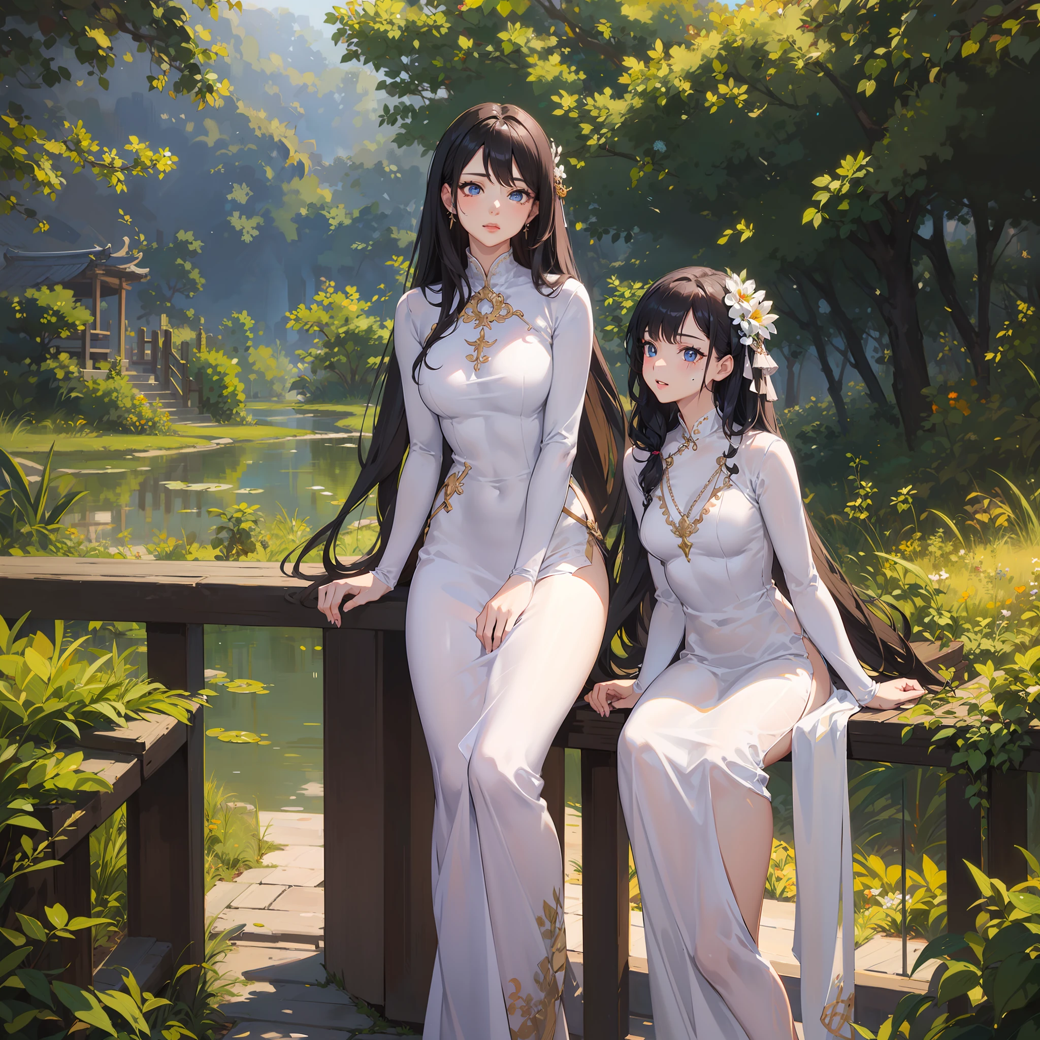 garments:Woman in blue Ao Dai:1.8,accessory:shell necklace,The hair:Long Black Hair:1.1、 make - up:natural, Glowing skin、Wearing sweat, BEReaction:relax、Free-spirited、 The location:Landscape of Vietnam:1.1,Lantern sink:1.1,4K, (Raw photo: 1.2), (Realism: 1.4), (masutepiece: 1.3), (exquisite detailing: 1.2), Delicate and beautiful details, (Eye Detail), (Facial Detailed), (Highest Quality) :1.4), (Hyper-Resolution: 1.2), cinematric light, (very detailed illustration), (Best Quality, Super Resolution, depth of fields, Wide light, natural shadows