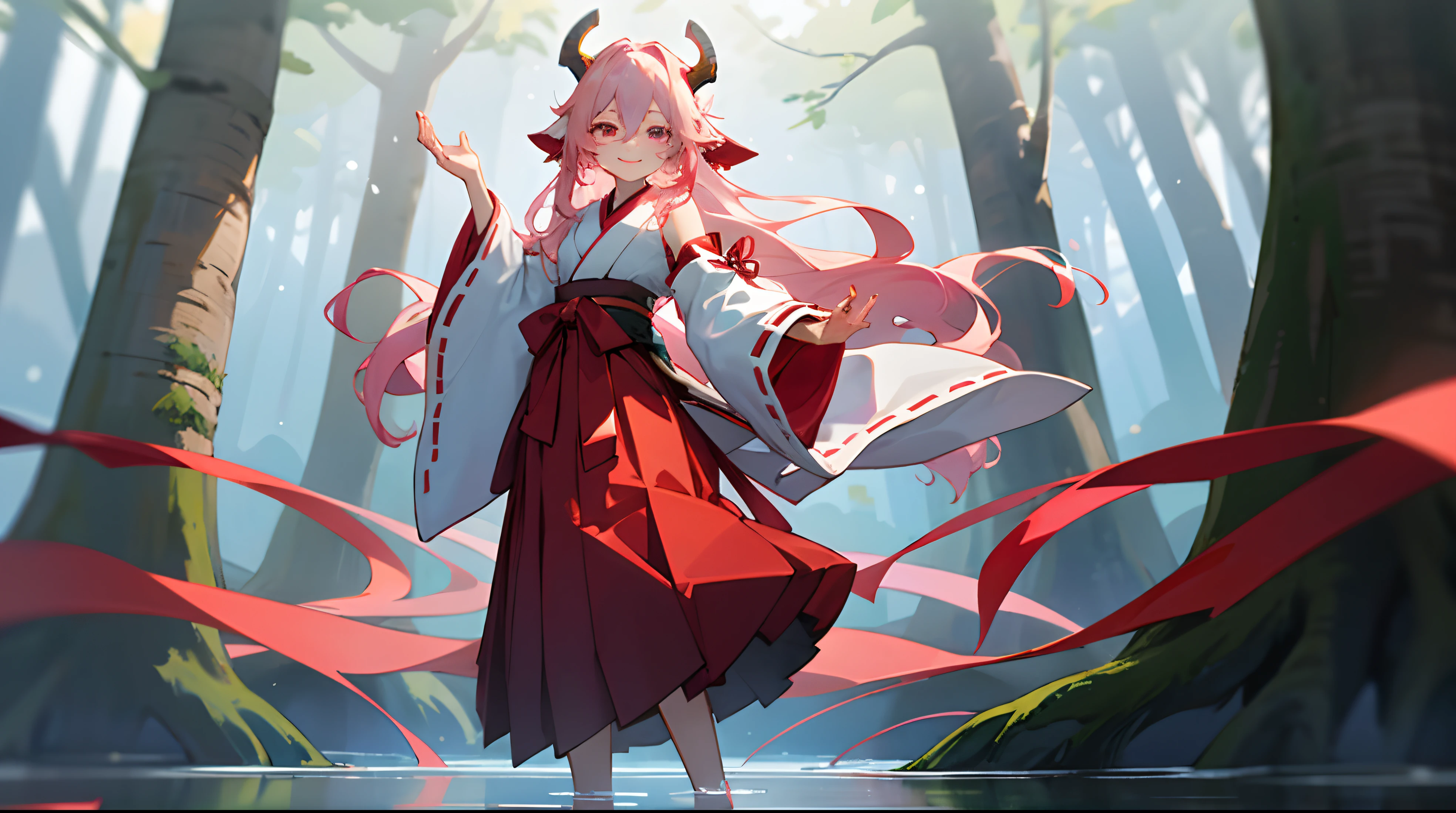 Uesugi Eri,Masterpiece, Best quality, Ultra-detailed, 1girll, Solo, Standing in the forest next to the blue pond, hair adornments, red hakama, Hakama skirt, (Horns:1.18), Japanese clothes, komono, Long hair, view the viewer, miko, their, Pink eyes, Pink hair, Red eyes, red hakama, Red ribbon, ribbon-trimmed sleeves, Ribbon trim, Simple background, Skirt, Smile, Solo, standing, Very long hair, White background, White kimono, Wide sleeves