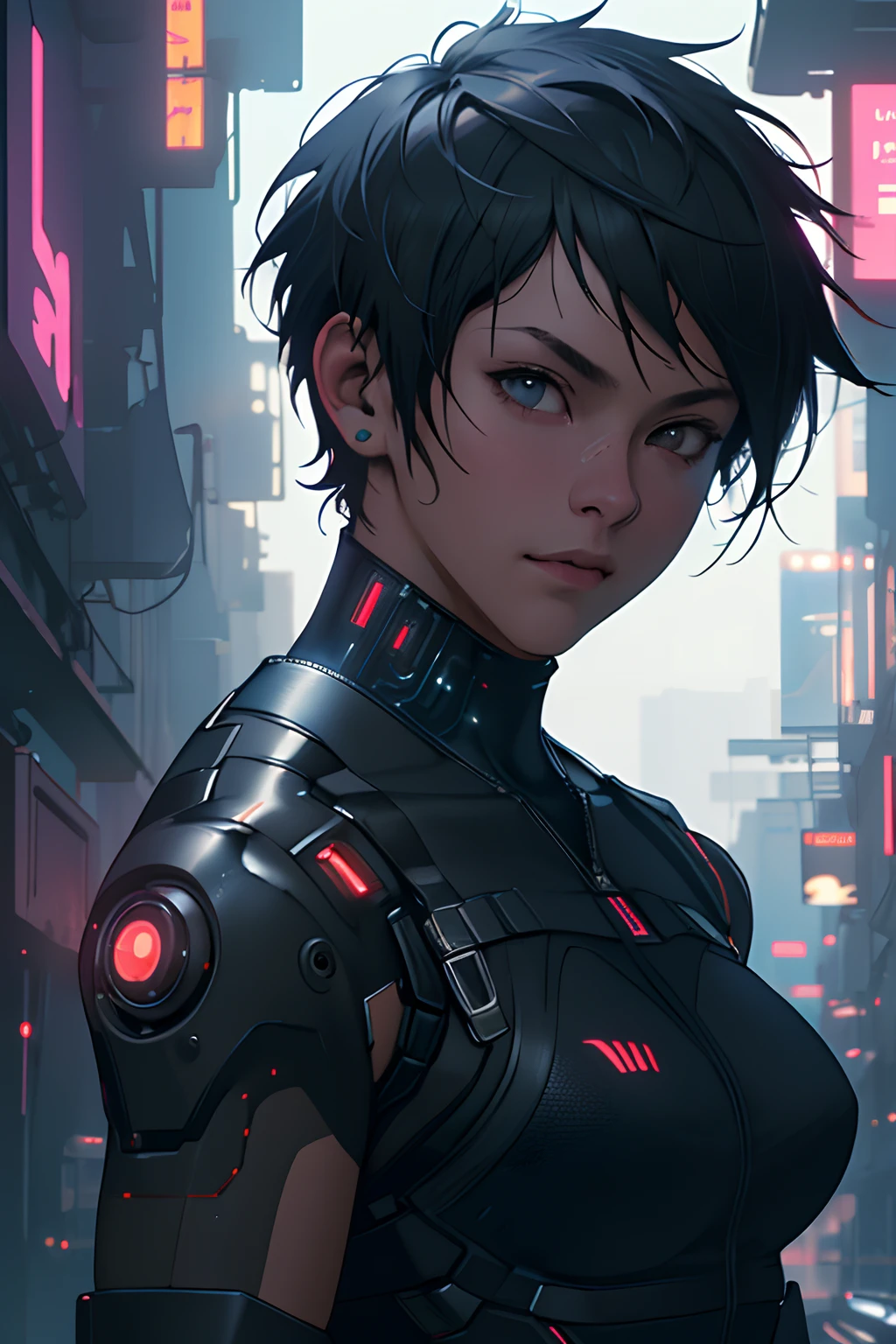 ultra detail, high resolution, ultra detailed, best quality, amazing, top quality, extremely detailed CG wallpaper unit 8k, cinematic lighting, cyberpunk, dark girl, very short shaved hair, lesbian,