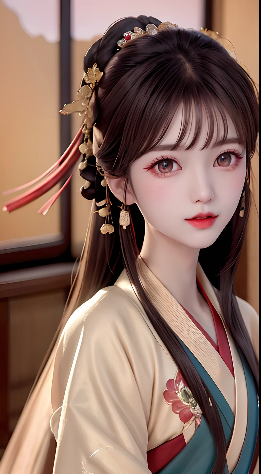 JK girl, girl wearing Japanese girls' school uniform, 8K, very high image quality, film texture, realistic, eating Japanese food, Japanese background, depth of field, tatami room, warm lighting, bow on chest, bangs, long hair over the shoulder, (playful eyes), double eyelids, deepening of the tail of the eyes, lying silkworm, bracelet on the wrist, scarlet lips, sparkling lips with texture, fine skin texture, brown sparkling pupils, (((eyes looking at the camera)))), slender fingers, ((round face)), ( ((small lips)))