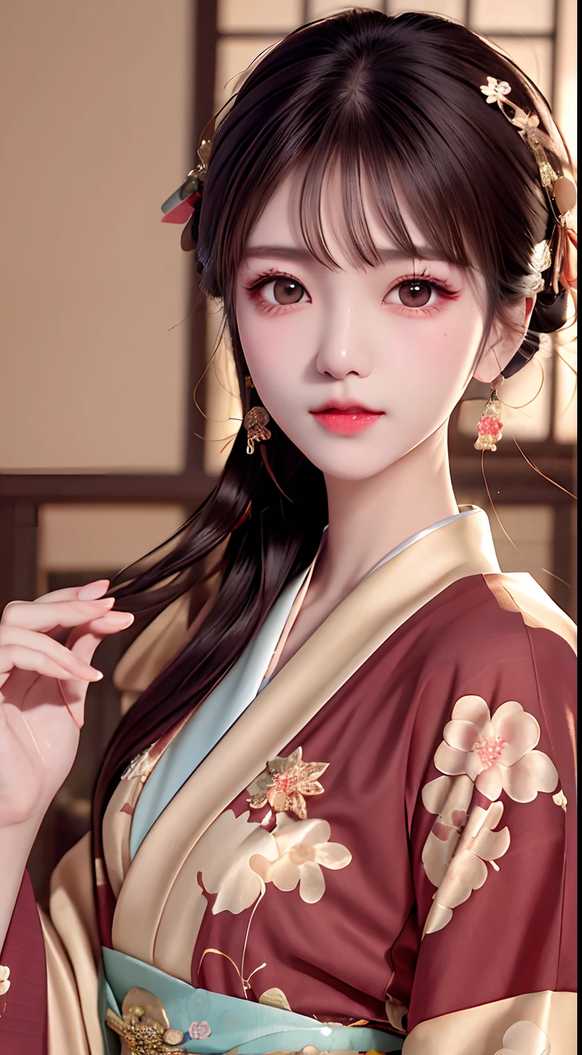 JK girl, girl wearing Japanese girls' school uniform, 8K, very high image quality, film texture, realistic, eating Japanese food, Japanese background, depth of field, tatami room, warm lighting, bow on chest, bangs, long hair over the shoulder, (playful eyes), double eyelids, deepening of the tail of the eyes, lying silkworm, bracelet on the wrist, scarlet lips, sparkling lips with texture, fine skin texture, brown sparkling pupils, (((eyes looking at the camera)))), slender fingers, ((round face)), ( ((small lips)))