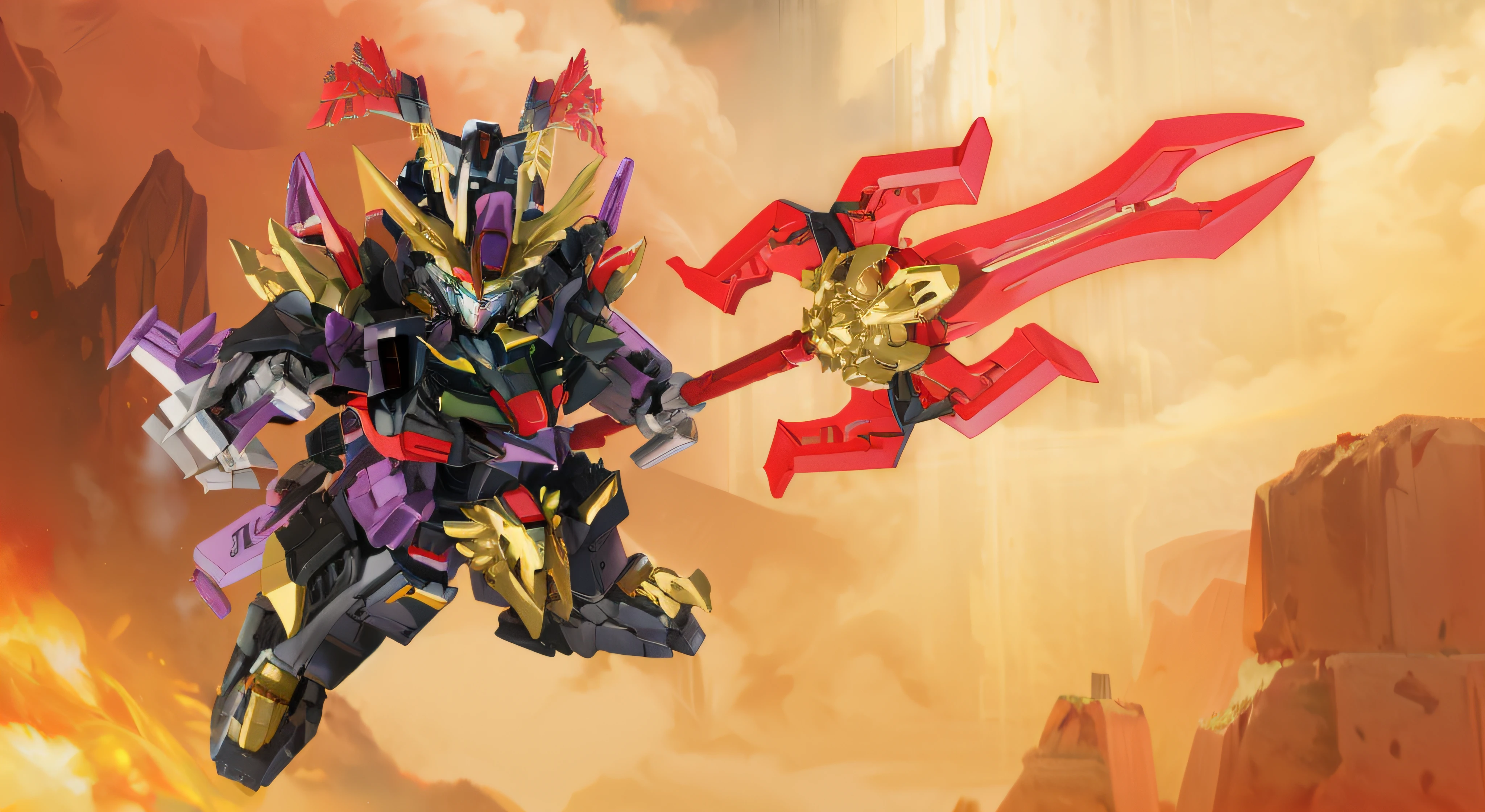 Black color mecha，Lü Bu，Holding Fang Tian's halberd，SD Gundam，Robot poster with gun close-up, gundam, gundam style, Gundam armor, gundam box art, modern mecha anime, Extreme Gundam, gurenn lagann, gundam is windmill shaped, on a gundam, # Mecha, Gundam Robot, giant anime mecha, mecha art, cool mecha style, drdisrespect as a gundam