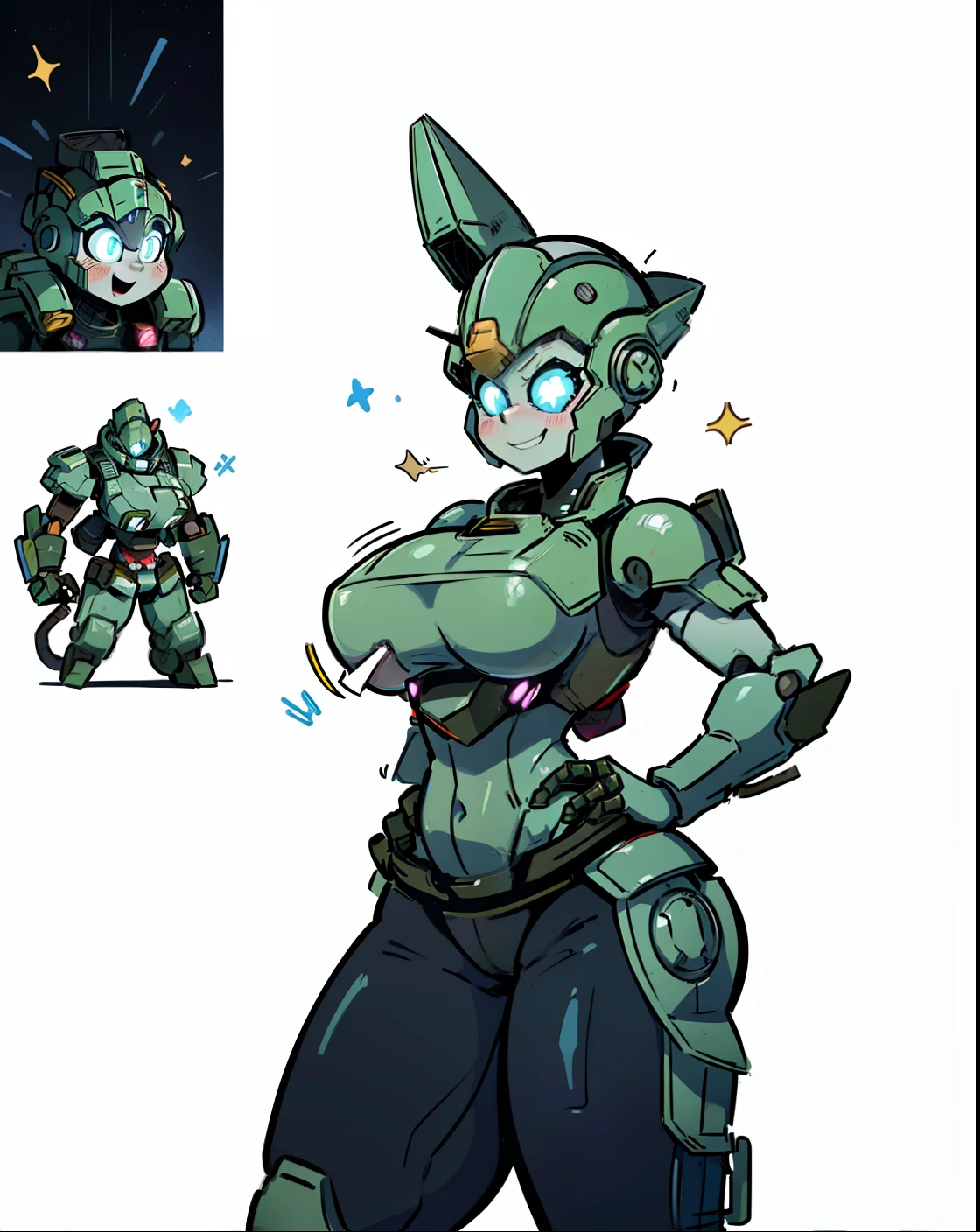 (NSFW:0.8), ((masterpiece)), best quality, chibi mech, a cartoon anime style, toonish style (cute figure), (female, feminine figure, motherly, (boobs), butt, pretty, beautiful, sexy), The cute cartoonish robots had identical features - Helmet, gray face, big round eyes, shining eyes (color glow), shoulder pads, big breast plate, mecha box limbs, reimagine a female mecha space ranger soldier character with a strong and heroic appearance ready to show off their fighting skills, (futuristic armor suit:1.5), (positive expressions:2). Use the color scheme of metallic (girlish colors, girly colors) for his armor suit. The dance routine performed by the synchronized, sexy robots was flawless, their identical moves and seductive poses captivating the audience's attention (front view and back view), Emphasize the dynamic pose and the presence of his being a boss while everyone watches in the galaxies and stars in the to enhance the sense of his ready for anything in a space adventure.