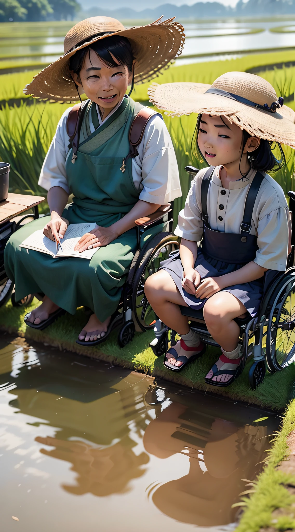 A group of disabled people,Rice field side,Learn,The characters are smaller