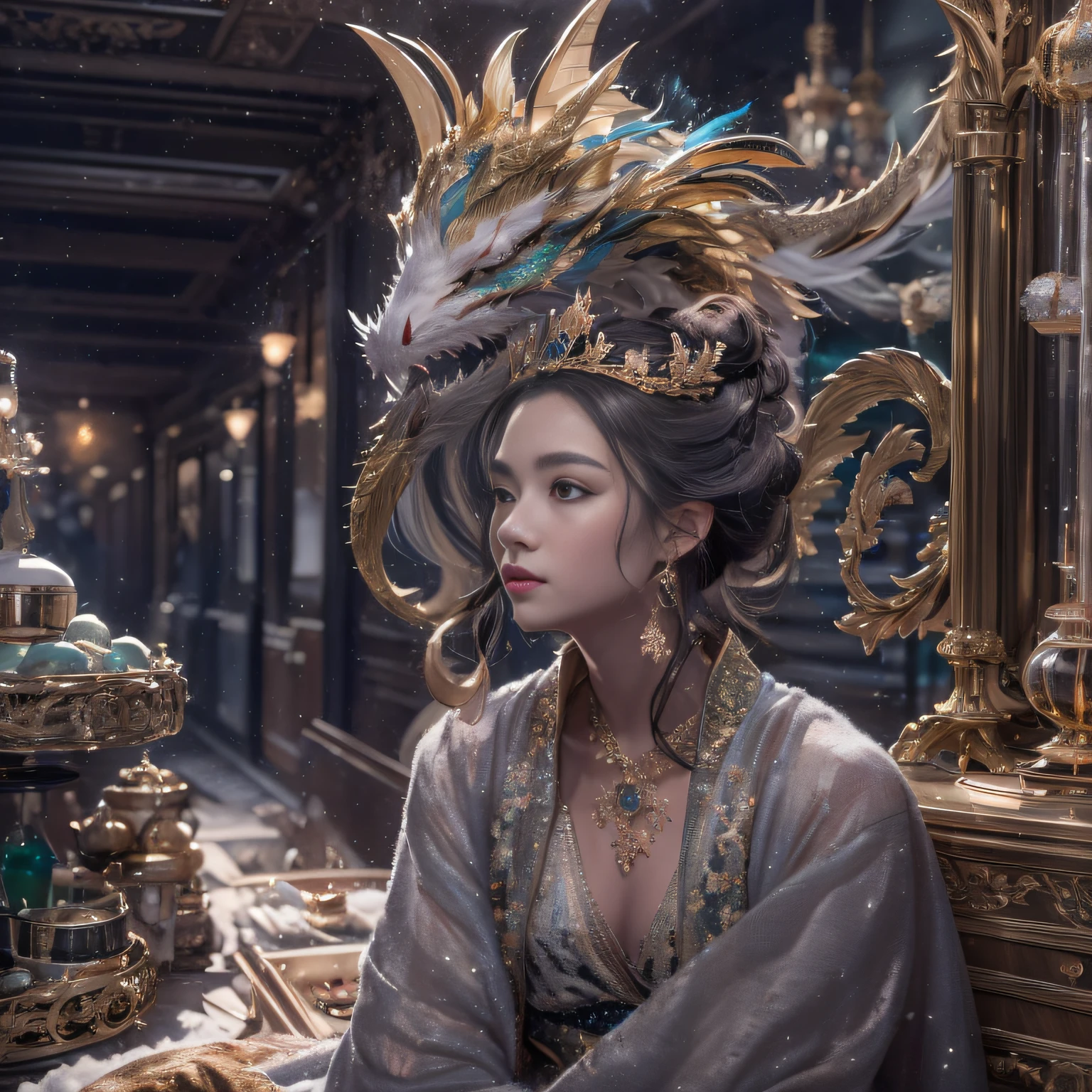 32K(tmasterpiece,k hd,hyper HD,16k)short detailed hair,Vintage train in the back room,Black burgundian hair girl ,Golden Dragon Protector (realisticlying:1.4),Python robe,Purple-pink tiara,Snowflakes fluttering,The background is pure, A high resolution, the detail, RAW photogr, Sharp Re, Nikon D850 Film Stock Photo by Jefferies Lee 4 Kodak Portra 400 Camera F1.6 shots, Rich colors, ultra-realistic vivid textures, Dramatic lighting, Unreal Engine Art Station Trend, cinestir 800,
