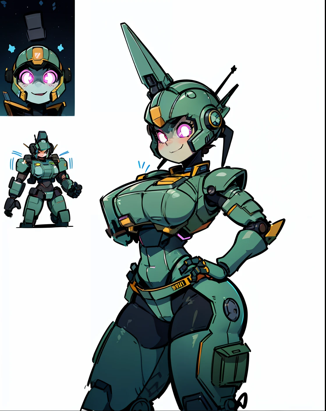 (NSFW:0.8), ((masterpiece)), best quality, chibi mech, a cartoon anime style, toonish style (cute figure), (female, feminine figure, motherly, (boobs), butt, pretty, beautiful, sexy), The cute cartoonish robots had identical features - Helmet, gray face, big round eyes, shining eyes (color glow), shoulder pads, big breast plate, mecha box limbs, reimagine a female mecha space ranger soldier character with a strong and heroic appearance ready to show off their fighting skills, (futuristic armor suit:1.5), (positive expressions:2). Use the color scheme of metallic (girlish colors, girly colors) for his armor suit. The dance routine performed by the synchronized, sexy robots was flawless, their identical moves and seductive poses captivating the audience's attention (front view and back view), Emphasize the dynamic pose and the presence of his being a boss while everyone watches in the galaxies and stars in the to enhance the sense of his ready for anything in a space adventure.