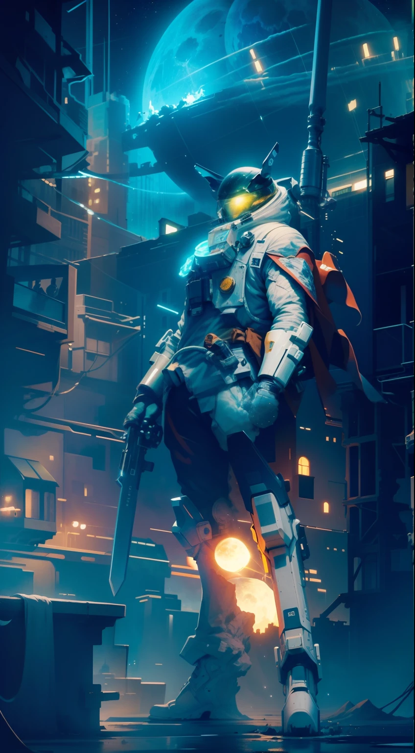 On the moon，The Earth can be seen in the distance，Up，The eyes glow，Holding a weapon，There are buildings around，There is a beautiful starry sky
