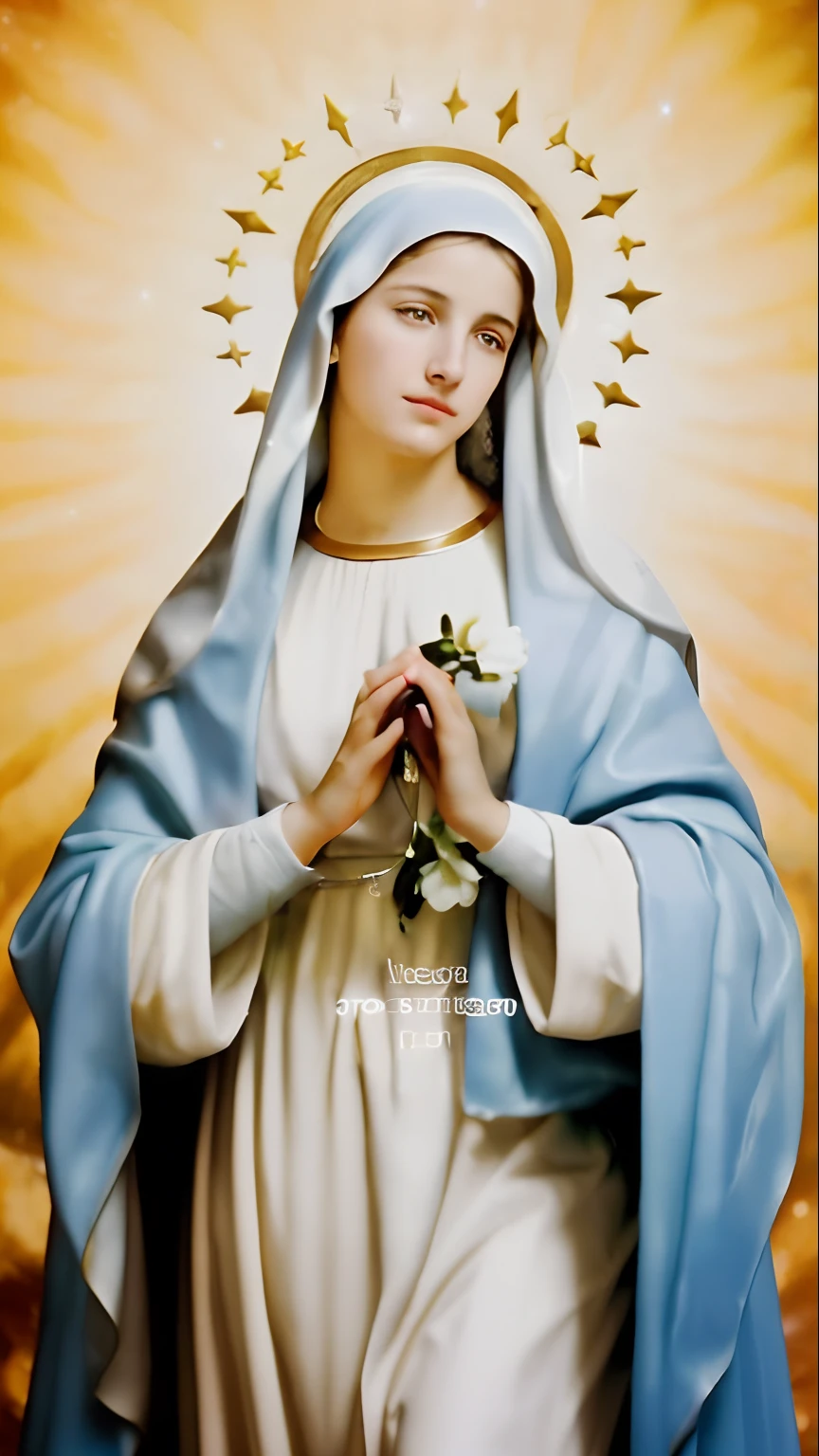 (((Saint Virgin Mary. 19 years old))) (((IMAGEN VINTAGE RETRO))) ((( Con una cara seria y piadosa. Con una mirada dulce y tierna))) (obra maestra, calidad superior, mejor calidad, arte oficial, beautiful and aesthetic: 1.2), (1girl), extremadamente detallado, (Arte fractal: 1.3), colorido, highest detailed, Cara perfecta, parte superior del cuerpo, HDR, (orando: 1.3), (golden lines of white coat: 1.2), galaxia, (rayas de luz), eye-catching visuals, (dynamic stripes, senderos luminosos: 1.2), colores vibrantes,
