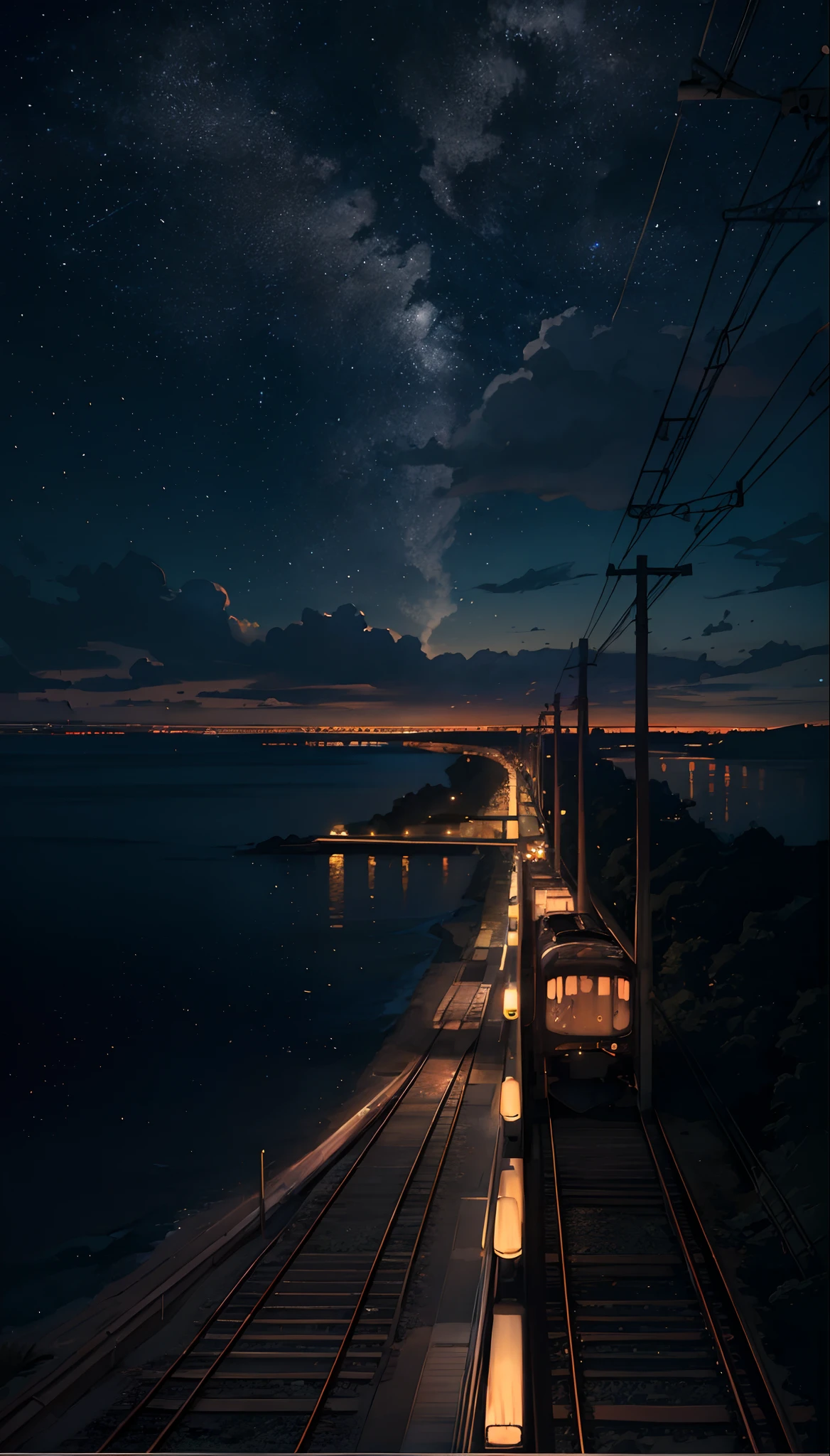 High quality masterpiece, landscape, anime train passing through bodies of water on tracks, bright starry sky. Romantic train, pixiv, concept art, lofi art style, reflection. by Makoto Shinkai, lofi art, Beautiful anime scene, Anime landscape, detailed scenery —width 672, in style of Makoto shinkai, style of Makoto shinkai, enhanced details.