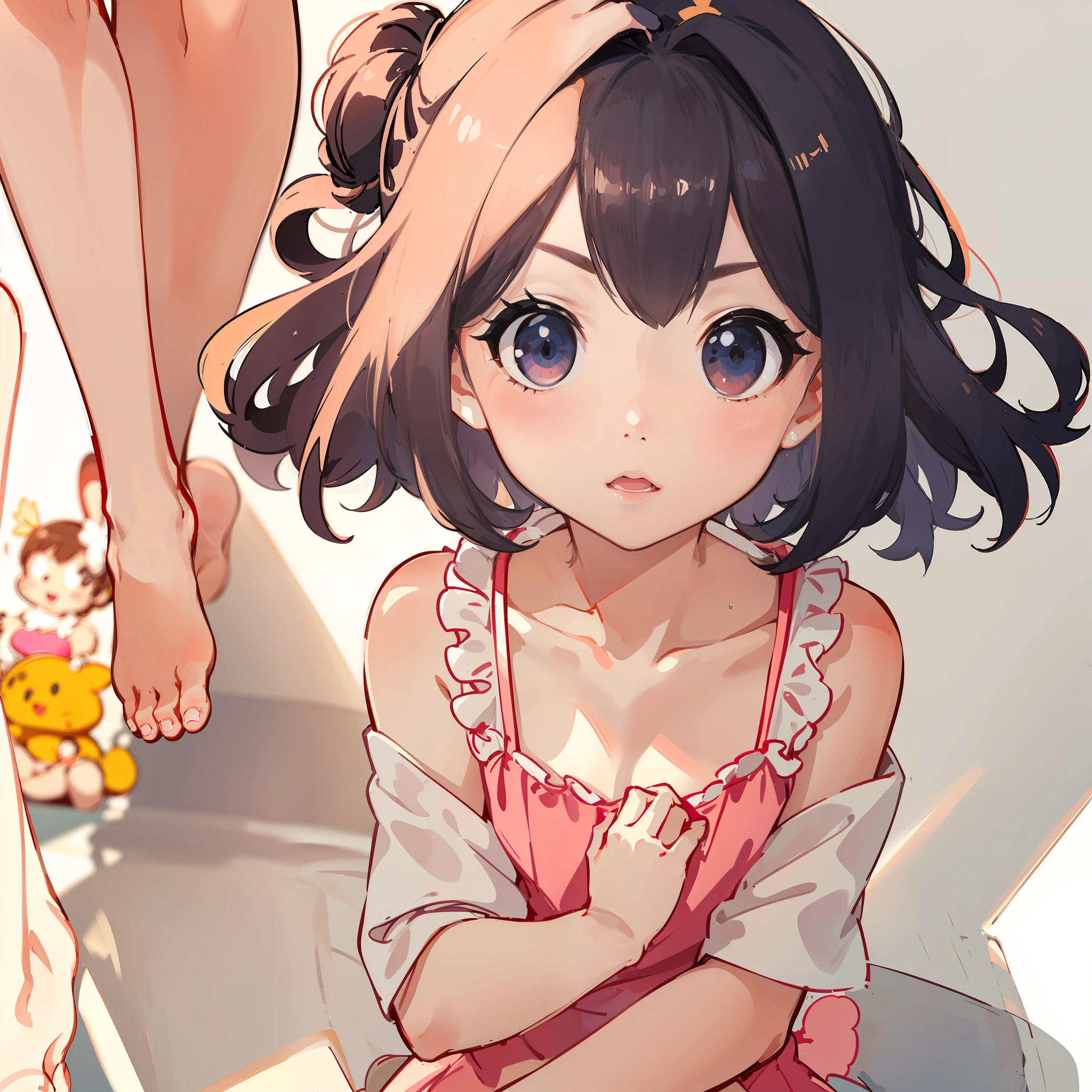 very cute female child:1.5,10 yo,Clothes with peach-colored ruffles:1.1, Barefoot, Summer,day,flat chest:1.5,nsfw:1.3, Cute PINK Living Lou:1.1,4K, (Raw photo: 1.2), (masutepiece: 1.3), (exquisite detailing: 1.2), Delicate and beautiful details, (Eye Detail), (Facial Detailed), (Highest Quality) :1.4), (Hyper-Resolution: 1.2),(very detailed illustration), Best Quality,depth of fields, Wide light, natural shadows