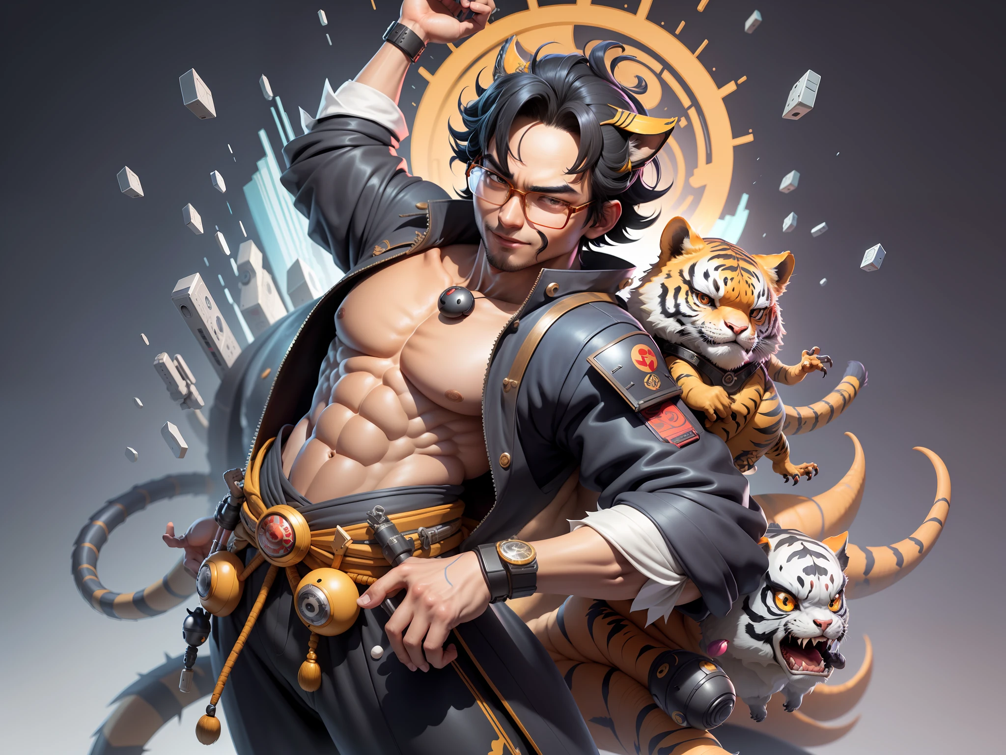 (Masterpiece), (Excellent), (Super Meticulous), (Full Body: 1.2), Super Young Man with Japanese Female Geisha, Pretty, Beautiful, Chinese Dragon, Tiger, Wind God Thor, Sexy, Bursting, Oriental Face, TV Anchor, Bust Portrait Illustration, Black Suit, Blue Tie, Slightly Chubby Face, Silver Glasses, Very Clean Face, No Beard on Chin, Black Super Short Hair, Black Eyes, Confident Smile, 3c Computer Sub-Products, iPad, iPhone, Digital Painting, 3D character design by Mark Clairedon and Pixar and Hayao Miyazaki and Akira Toriyama, the illustrations are HD illustrations in 4K resolution with highly detailed facial features and cartoon-style visuals.