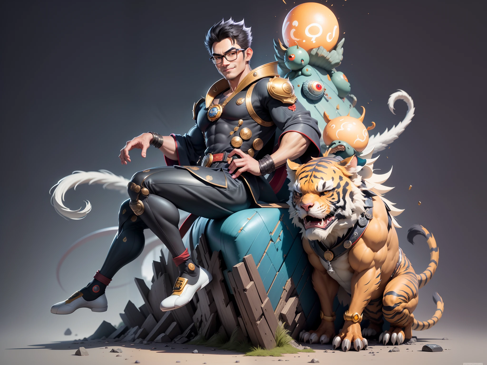 (Masterpiece), (Excellent), (Super Meticulous), (Full Body: 1.2), Super Young Man with Japanese Female Geisha, Pretty, Beautiful, Chinese Dragon, Tiger, Wind God Thor, Sexy, Bursting, Oriental Face, TV Anchor, Bust Portrait Illustration, Black Suit, Blue Tie, Slightly Chubby Face, Silver Glasses, Very Clean Face, No Beard on Chin, Black Super Short Hair, Black Eyes, Confident Smile, 3c Computer Sub-Products, iPad, iPhone, Digital Painting, 3D character design by Mark Clairedon and Pixar and Hayao Miyazaki and Akira Toriyama, the illustrations are HD illustrations in 4K resolution with highly detailed facial features and cartoon-style visuals.