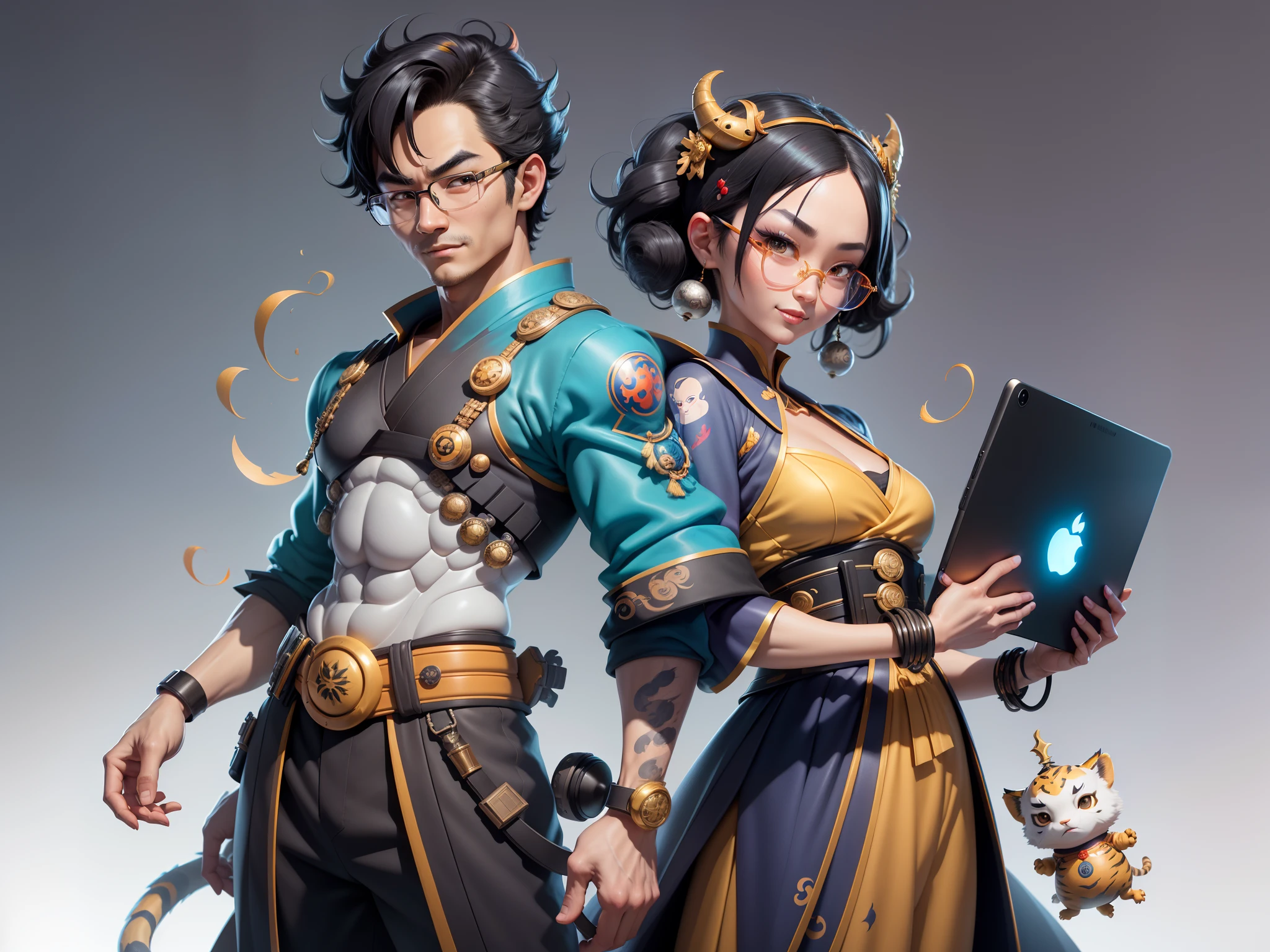 (Masterpiece), (Excellent), (Super Meticulous), (Full Body: 1.2), Super Young Man with Japanese Female Geisha, Pretty, Beautiful, Chinese Dragon, Tiger, Wind God Thor, Sexy, Bursting, Oriental Face, TV Anchor, Bust Portrait Illustration, Black Suit, Blue Tie, Slightly Chubby Face, Silver Glasses, Very Clean Face, No Beard on Chin, Black Super Short Hair, Black Eyes, Confident Smile, 3c Computer Sub-Products, iPad, iPhone, Digital Painting, 3D character design by Mark Clairedon and Pixar and Hayao Miyazaki and Akira Toriyama, the illustrations are HD illustrations in 4K resolution with highly detailed facial features and cartoon-style visuals.