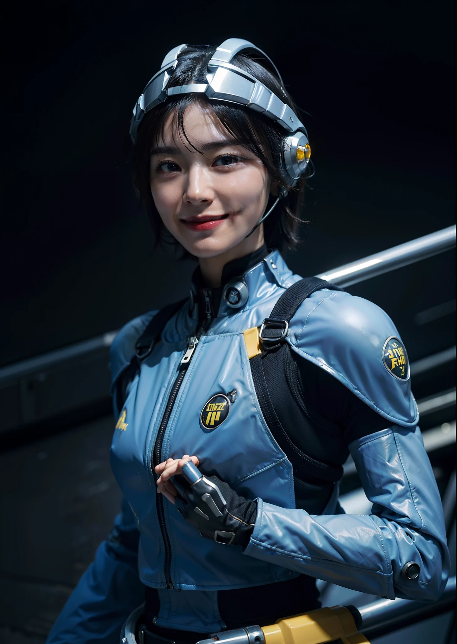 Highest image quality, outstanding details, ultra-high resolution, (realism: 1.4), ((cowboy shot)), the best illustration, favor details, highly condensed 1girl, (cyberpunk,cyborg), a delicate and beautiful face, (short hair), (wearing heavy armad spacesuit with ring-helmet-disconnecter, attached black and gray mecha, yellow pipes and codes, flanges), (mark radioactivity-hazard-symbol), ((revealed only head)), ((smile)), nobody rocket-launcher platform