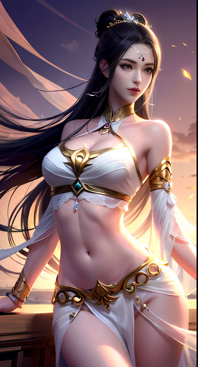 Bust photo,a beautiful female,messy hair,s girl,Symmetrical bun,hair adornments,jewelry,The face is delicate,No eyeshadow,Delicate yellow and white top,cropped shoulders,Crop topping,showing belly,Dunhuang style,Lots of streamers,Fine fine skin,Soft light effects,Delicate and smooth hair,exquisite detailing,Eye highlights,Fair skin,Fine portrayal,Ultimate detail,Cinematic quality,being thin,slenderness,Fragmentation,hair detail,Thin bangs,Shawl hair,Correct bodies,shadowing,Air bangs,8K,Super meticulous,Fine fabric texture,softness,complaisant,Smooth texture,Dunhuang style,Delicate pattern,Correct hand drawing,smile, tsurime, Surrealism, ray tracing, UHD, high details, super detail, highres, 8k, high quality, high details, textured skin, ccurate