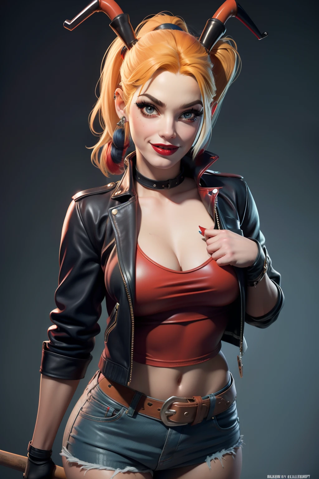 Harley Quinn pin up, Gil Elvgren, wearing a open leather jacket, holding his big hammer in his right hand
