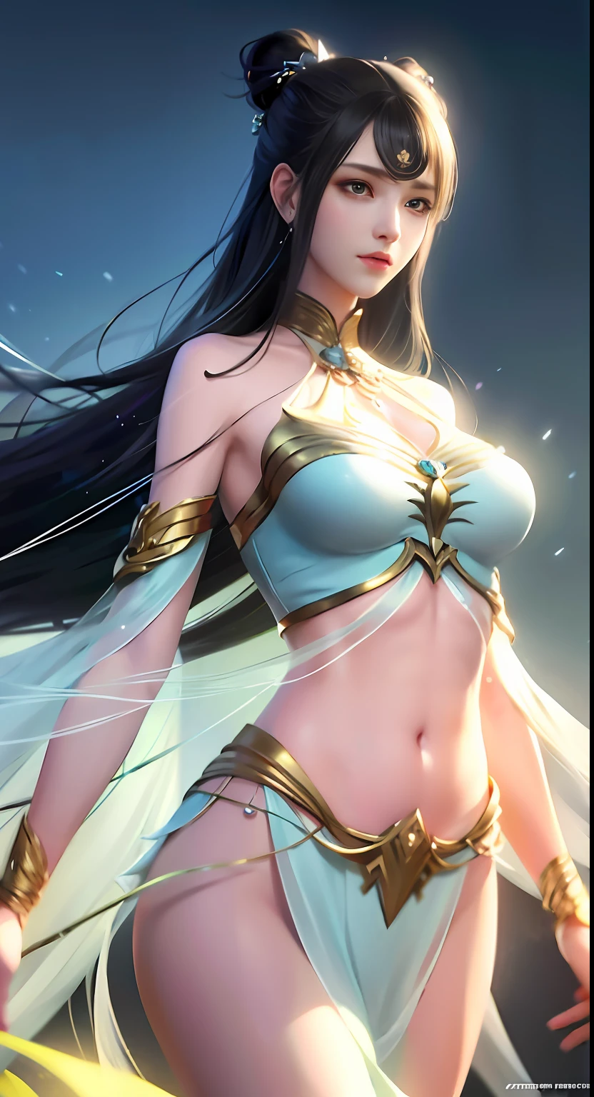 Bust photo,a beautiful female,messy hair,s girl,Symmetrical bun,hair adornments,jewelry,The face is delicate,No eyeshadow,Delicate yellow and white top,cropped shoulders,Crop topping,showing belly,Dunhuang style,Lots of streamers,Fine fine skin,Soft light effects,Delicate and smooth hair,exquisite detailing,Eye highlights,Fair skin,Fine portrayal,Ultimate detail,Cinematic quality,being thin,slenderness,Fragmentation,hair detail,Thin bangs,Shawl hair,Correct bodies,shadowing,Air bangs,8K,Super meticulous,Fine fabric texture,softness,complaisant,Smooth texture,Dunhuang style,Delicate pattern,Correct hand drawing,smile, tsurime, Surrealism, ray tracing, UHD, high details, super detail, highres, 8k, high quality, high details, textured skin, ccurate