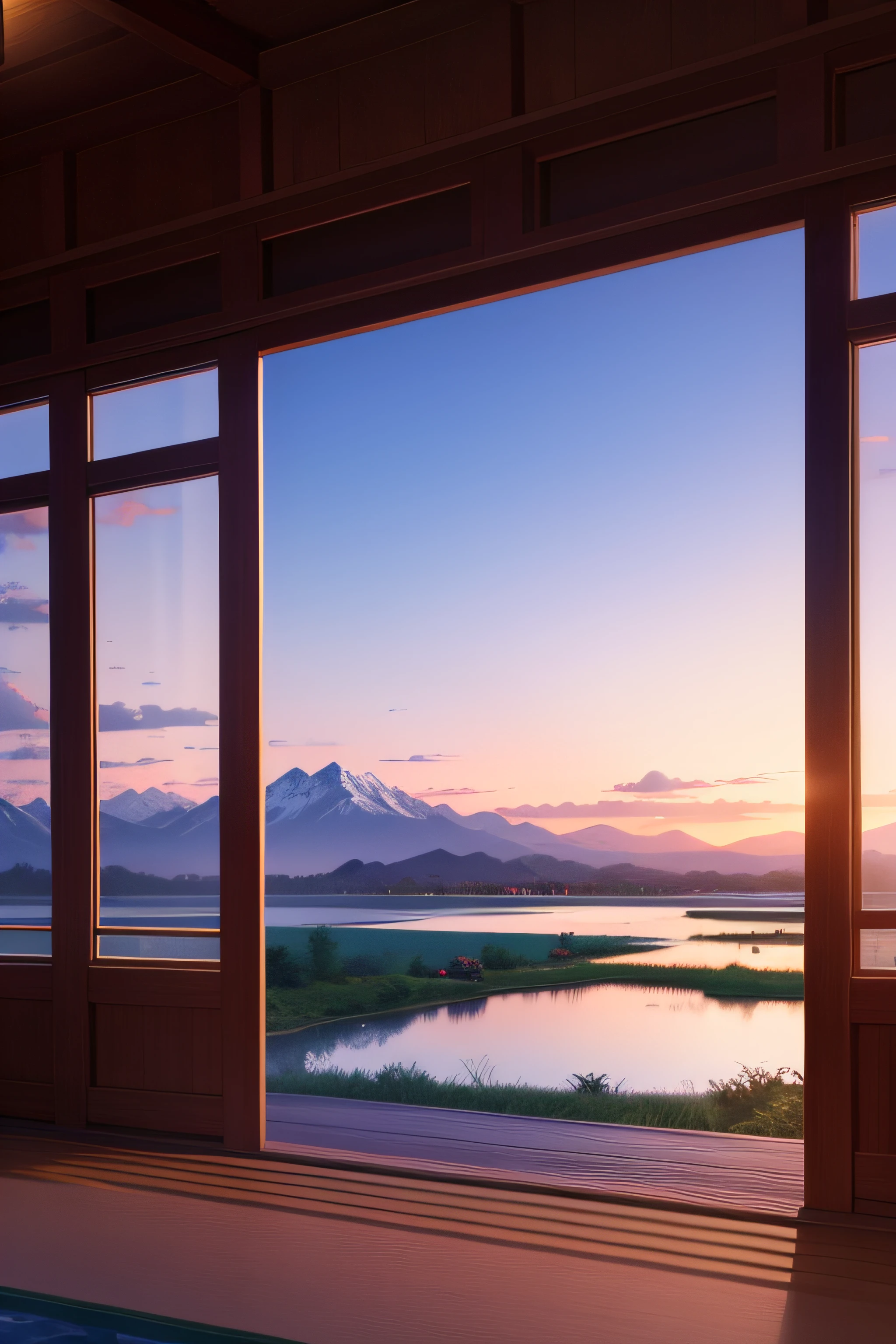 idyllic scenery,Shangri-La,Distant mountains and near waters,evening light,Solitary crane,pavilion,away looking