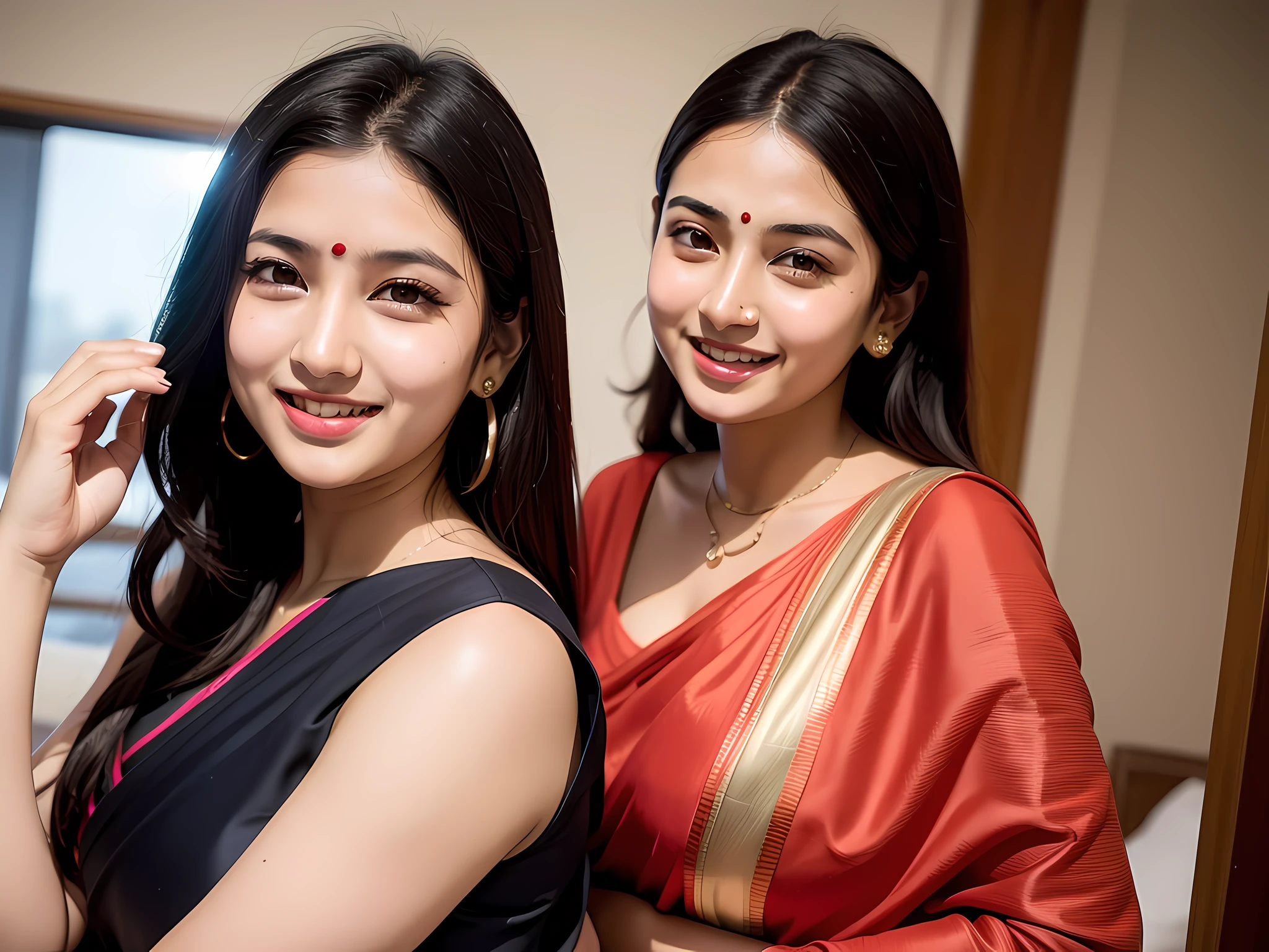 indian woman in her twenties, with a round face and stunning black eyes, radiating joy and wearing a vibrant saree