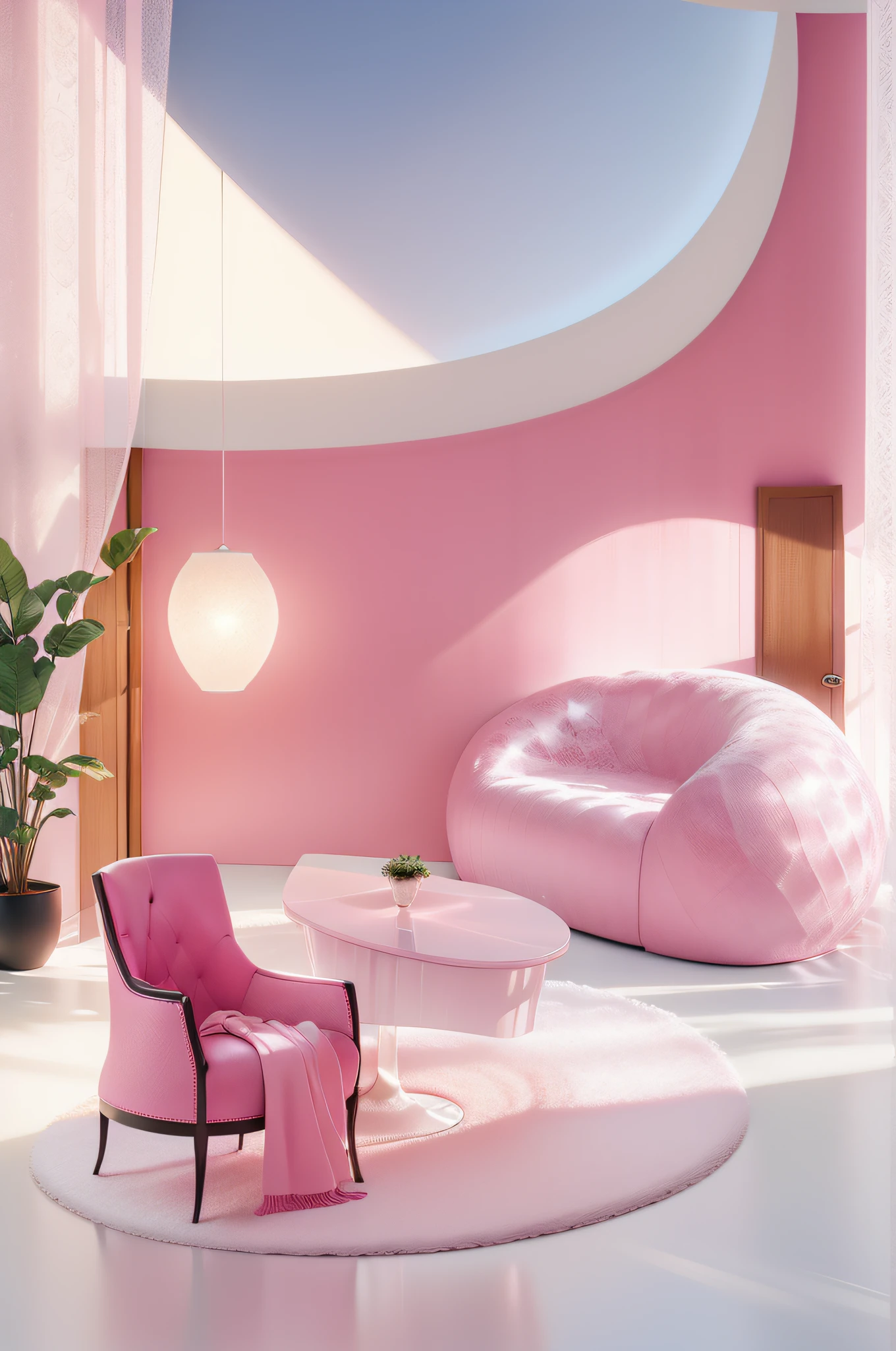 Home，in pink，，Pink frosted crystal table，3Drenderingof,Dopamine mood，Lovely and sophisticated building，Premium texture，high-class details，Studio lights