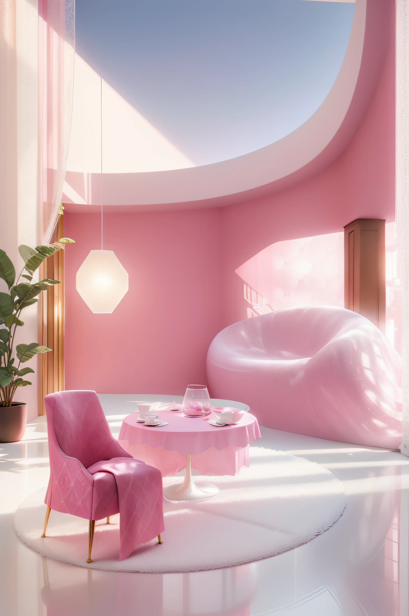 Home,in pink,,Pink frosted crystal table,3Drenderingof,Dopamine mood,Lovely and sophisticated building,Premium texture,high-class details,Studio lights