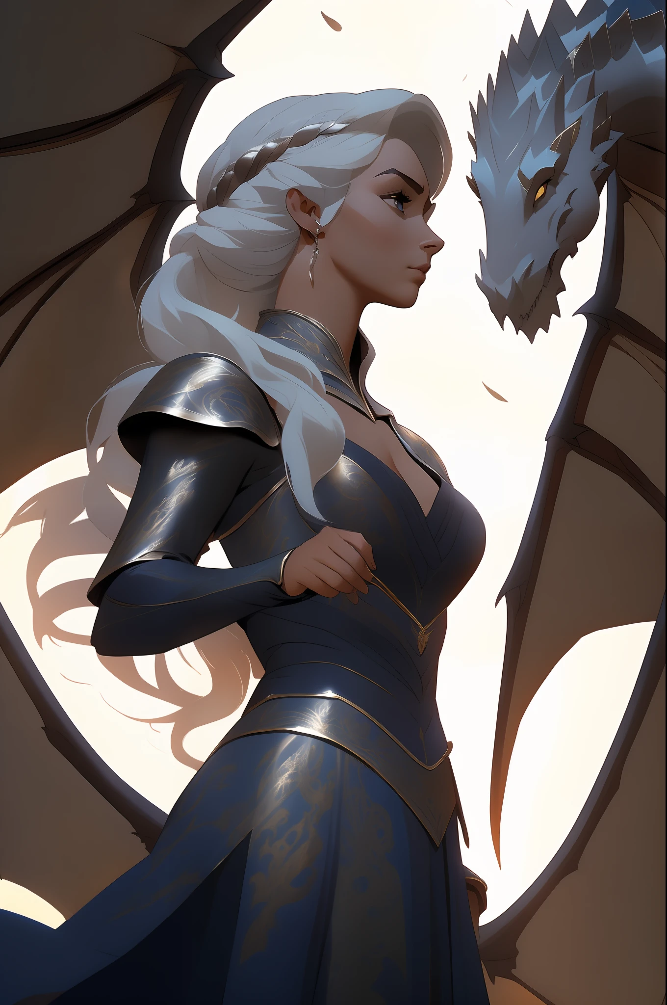 (epic fantasy: 1.2), (master part, Qualidade Superior, melhor qualidade, 4k resolution, alta qualidade: 1.2), sozinho, 1 girl, (Cabelos loiros prateados: 1.3), (Dragon Clothing Motif: 1.1), Regal Pose, Sentado no Trono de Ferro, (Fundo do Porto Real: 1.3), (Determined expression: 1.5), olhar intenso, (SFW), (arte digital: 1.1), Daenerys Targaryen, Mother of Dragons, Governante dos Sete Reinos, Powerful and dominant presence, Silhouette of dragons in background, Emblematic of His Power and Destiny.