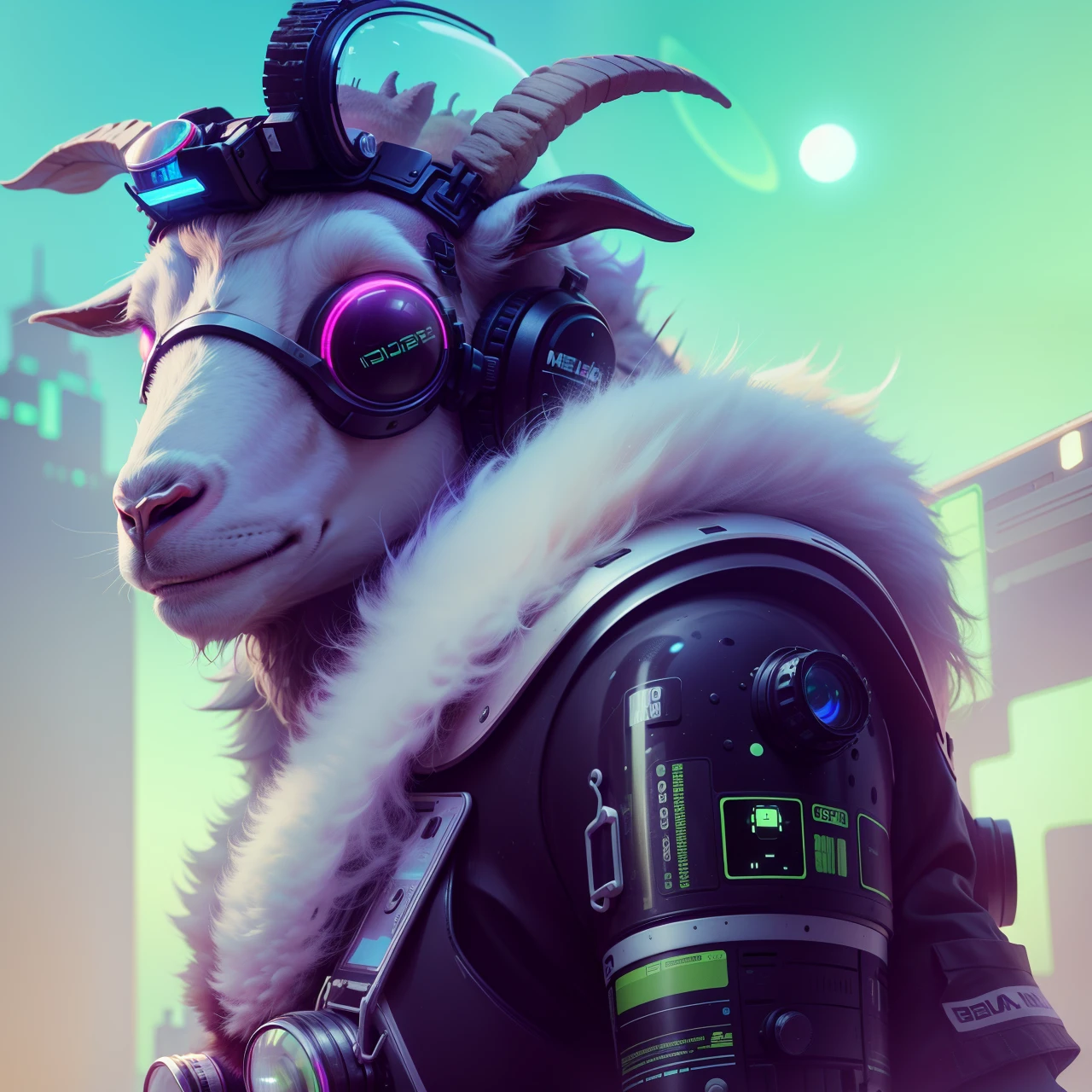 Close-up of a goat wearing a helmet and goggles, beeple!!, style hybrid mix of beeple, beeple artwork, beeple daily art, beeple art, beeple masterpiece, in the style of beeple, beeple |, beeple style, beeple. hyper photorealism