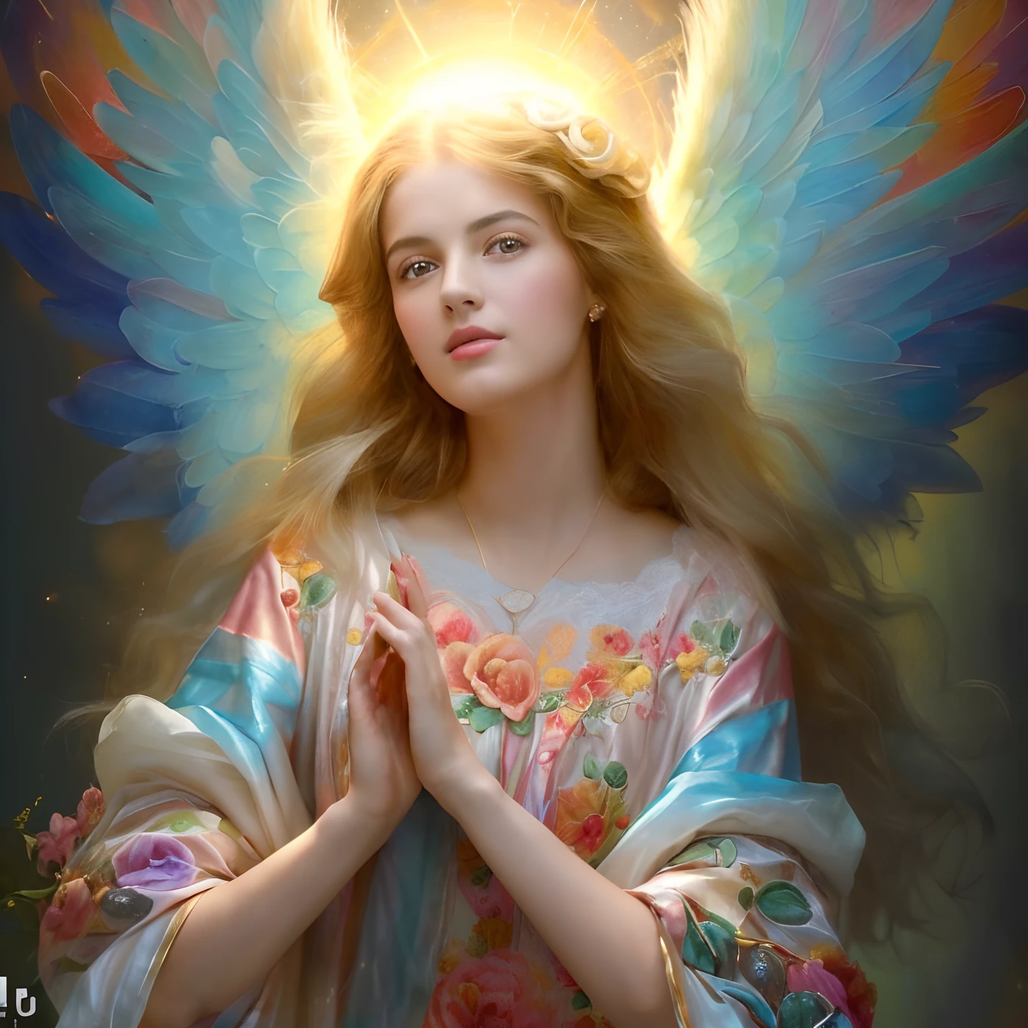 (((Santo angel Custodio. 19 years old))) (((IMAGEN VINTAGE RETRO))) ((( Con una cara seria y piadosa. Con una mirada dulce y tierna))) (obra maestra, calidad superior, mejor calidad, arte oficial, beautiful and aesthetic: 1.2), (1girl), extremadamente detallado, (Arte fractal: 1.3), colorido, highest detailed, Cara perfecta, parte superior del cuerpo, HDR, (orando: 1.3), (golden lines of white coat: 1.2), galaxia, (rayas de luz), eye-catching visuals, (dynamic stripes, senderos luminosos: 1.2), colores vibrantes,
