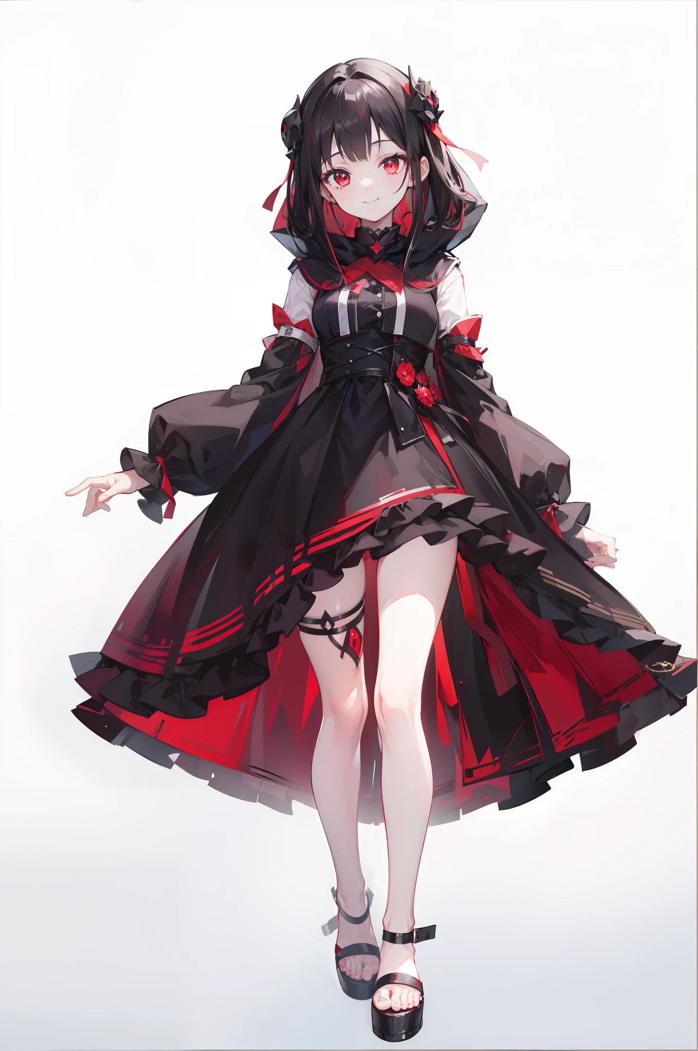 a smile、A dark-haired、red eyes