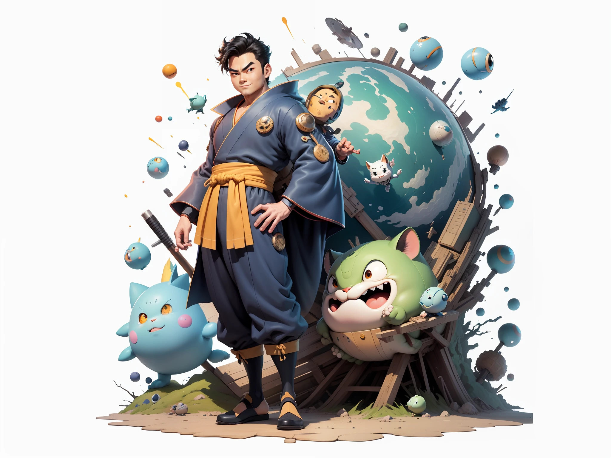 (Masterpiece), (Excellent), (Super Meticulous), (Full Body: 1.2), Super Young Man, Oriental Face, Japanese Kimono, Japanese Wind Thunder God, Dragon, Tiger, TV Anchor, Bust Portrait Illustration, Alone, Black Suit, Blue Tie, Slightly Chubby Face, Very Clean Face, No Beard, Black Super Short Hair, Black Eyes, Confident Smile, 3c Computer Sub-Products, iPad, iPhone, Digital Painting, 3D Character Design by Akira Toriyama and Mark Claireden and Pixar and Hayao Miyazaki, The illustration is a high-definition illustration in 4K resolution with very detailed facial features and cartoon-style visuals.