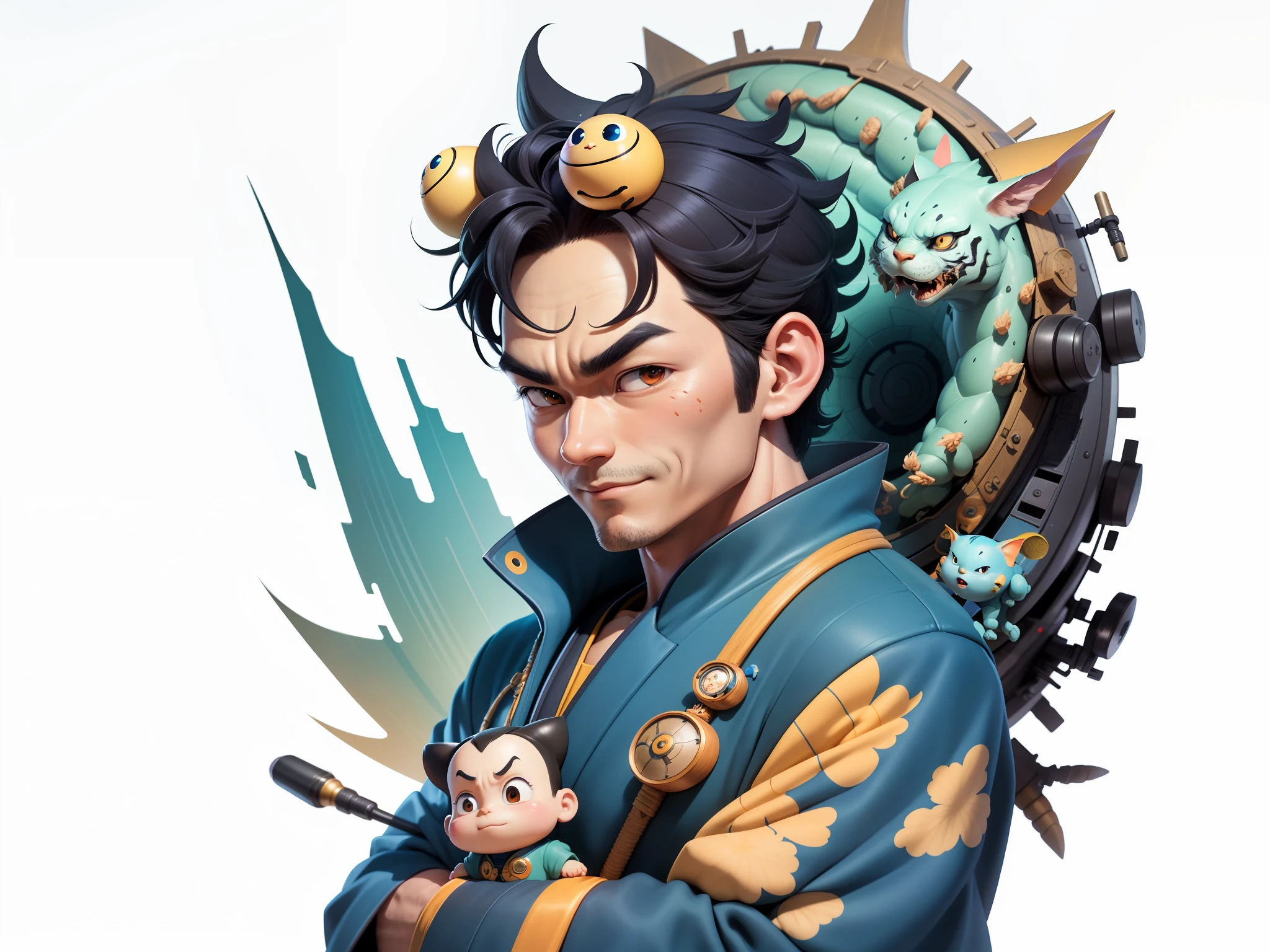 (Masterpiece), (Excellent), (Super Meticulous), (Full Body: 1.2), Super Young Man, Oriental Face, Japanese Kimono, Japanese Wind Thunder God, Dragon, Tiger, TV Anchor, Bust Portrait Illustration, Alone, Black Suit, Blue Tie, Slightly Chubby Face, Very Clean Face, No Beard, Black Super Short Hair, Black Eyes, Confident Smile, 3c Computer Sub-Products, iPad, iPhone, Digital Painting, 3D Character Design by Akira Toriyama and Mark Claireden and Pixar and Hayao Miyazaki, The illustration is a high-definition illustration in 4K resolution with very detailed facial features and cartoon-style visuals.