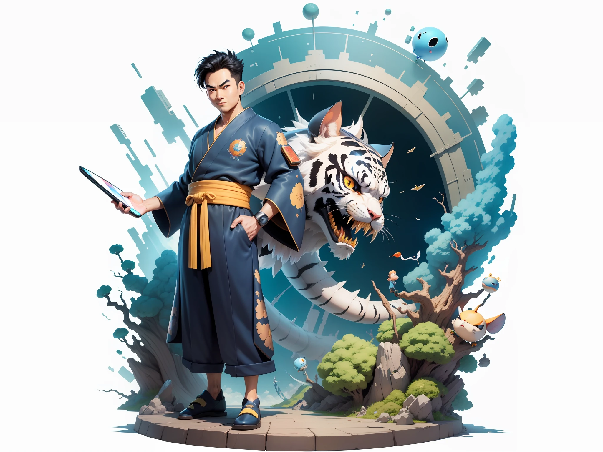 (Masterpiece), (Excellent), (Super Meticulous), (Full Body: 1.2), Super Young Man, Oriental Face, Japanese Kimono, Japanese Wind Thunder God, Dragon, Tiger, TV Anchor, Bust Portrait Illustration, Alone, Black Suit, Blue Tie, Slightly Chubby Face, Very Clean Face, No Beard, Black Super Short Hair, Black Eyes, Confident Smile, 3c Computer Sub-Products, iPad, iPhone, Digital Painting, 3D Character Design by Akira Toriyama and Mark Claireden and Pixar and Hayao Miyazaki, The illustration is a high-definition illustration in 4K resolution with very detailed facial features and cartoon-style visuals.