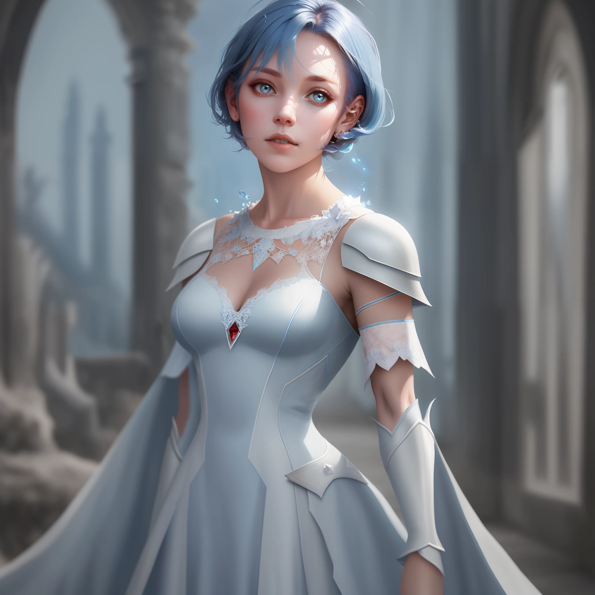 A blue hair and white delicate lace,The woman in the red gemstone armor dress is looking at the camera,Accompanied by a mythical beast