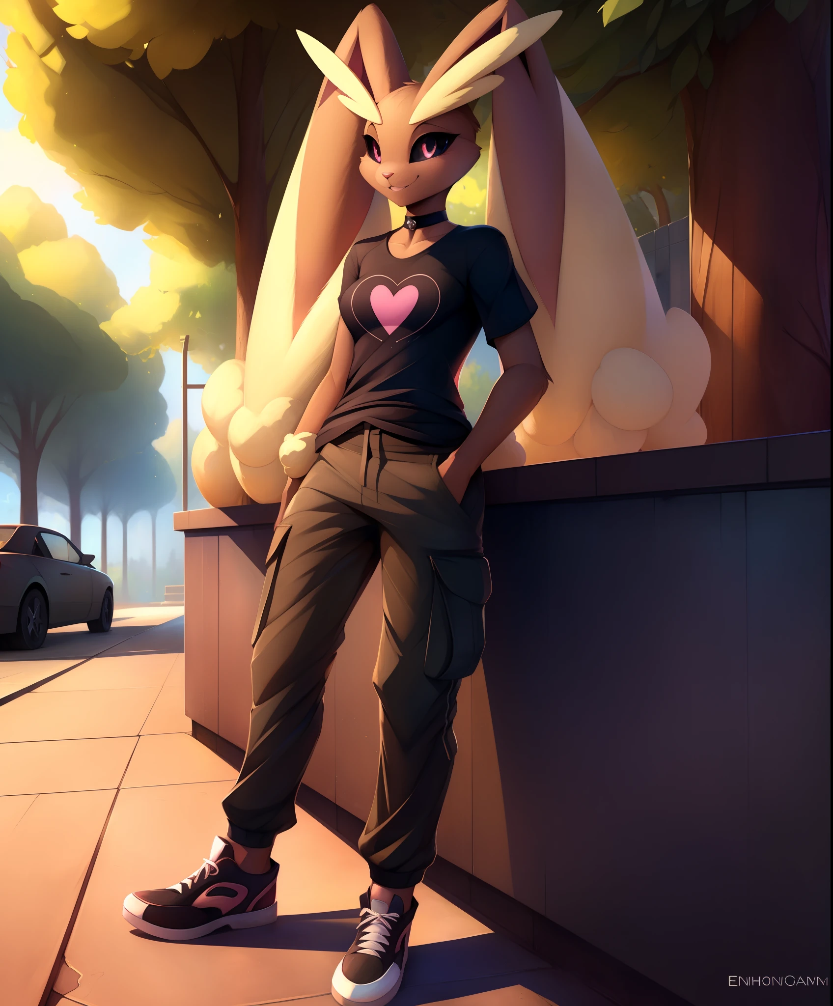 vaporunny, lopunny_ears, (white_pupils, black sclera), 1girl, counter shading, volumetric lighting, choker, (wearing a black graphic t-shirt), casual clothes, (cargo pants), sneakers, hands in pockets, best quality, smile, trees, sidewalk, leaning on fence, by einshelm|by tom_fischbach