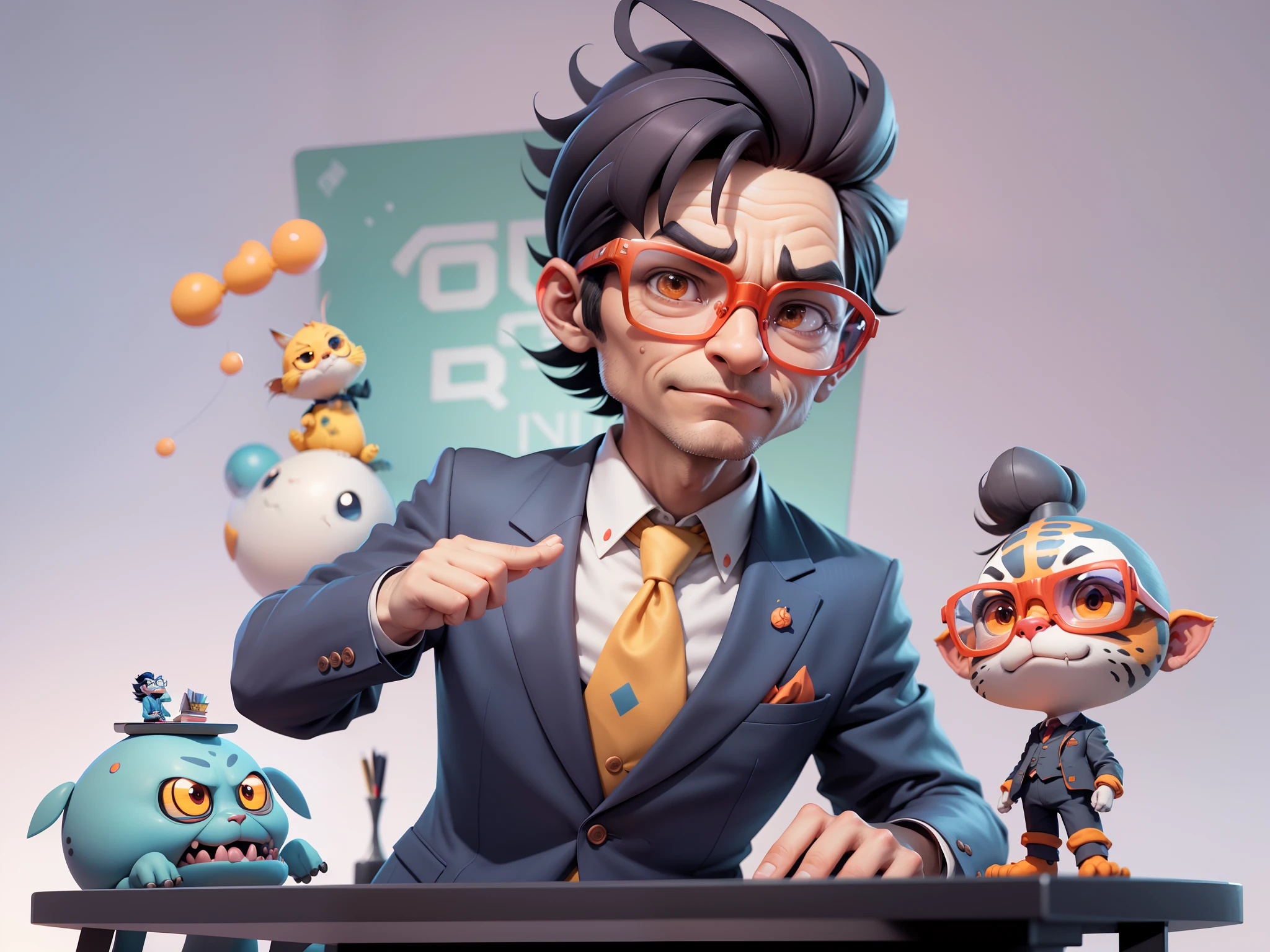 A young man in a suit, Short hair and glasses sat at his desk,holding laptop,digitial painting,tigre,3D character design by Mark Clairen and Pixar and Hayao Miyazaki and Akira Toriyama,4K HD illustration,Very detailed facial features and cartoon-style visuals。
