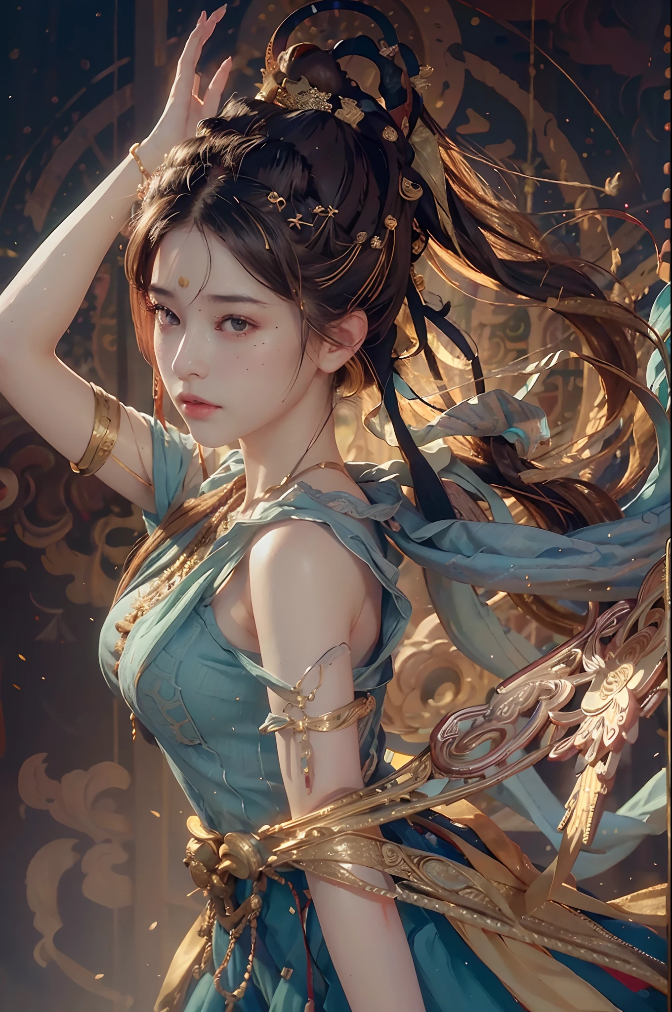 (RAW photo, best quality), (realistic, photo-realistic:1.3),best quality,highly detailed,masterpiece,ultra-detailed,illustration,1girl,upper_body,dynamic angle,world masterpiece theater,messy_long_hair,best quality,extremely detailed CG unity 8k wallpaper,ink,Amazing,cinematic lighting,lens_flare,,dunhuang_style