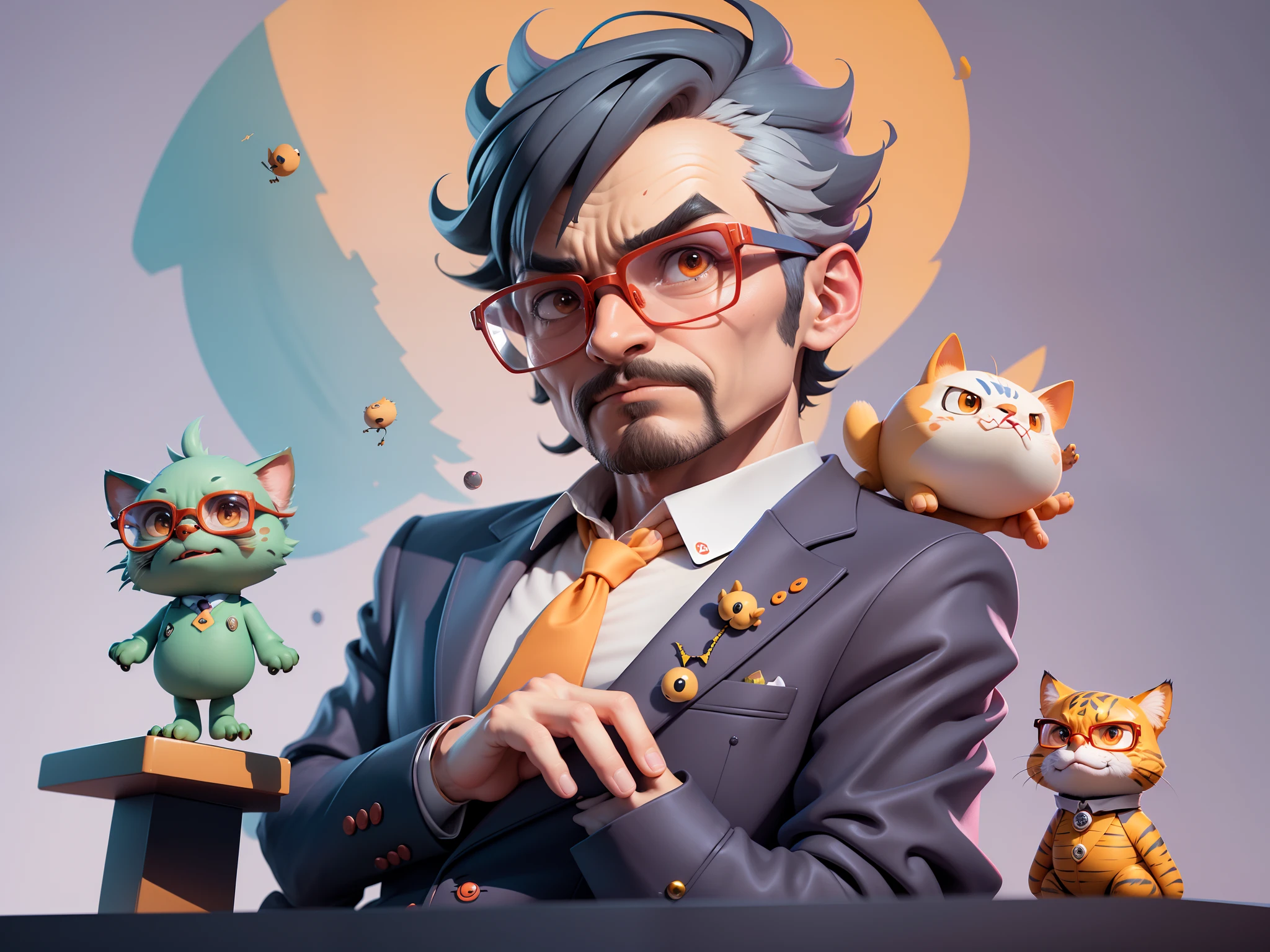 A young man in a suit, Short hair and glasses sat at his desk，holding laptop，digitial painting，tigre，3D character design by Mark Clairen and Pixar and Hayao Miyazaki and Akira Toriyama，4K HD illustration，Very detailed facial features and cartoon-style visuals。