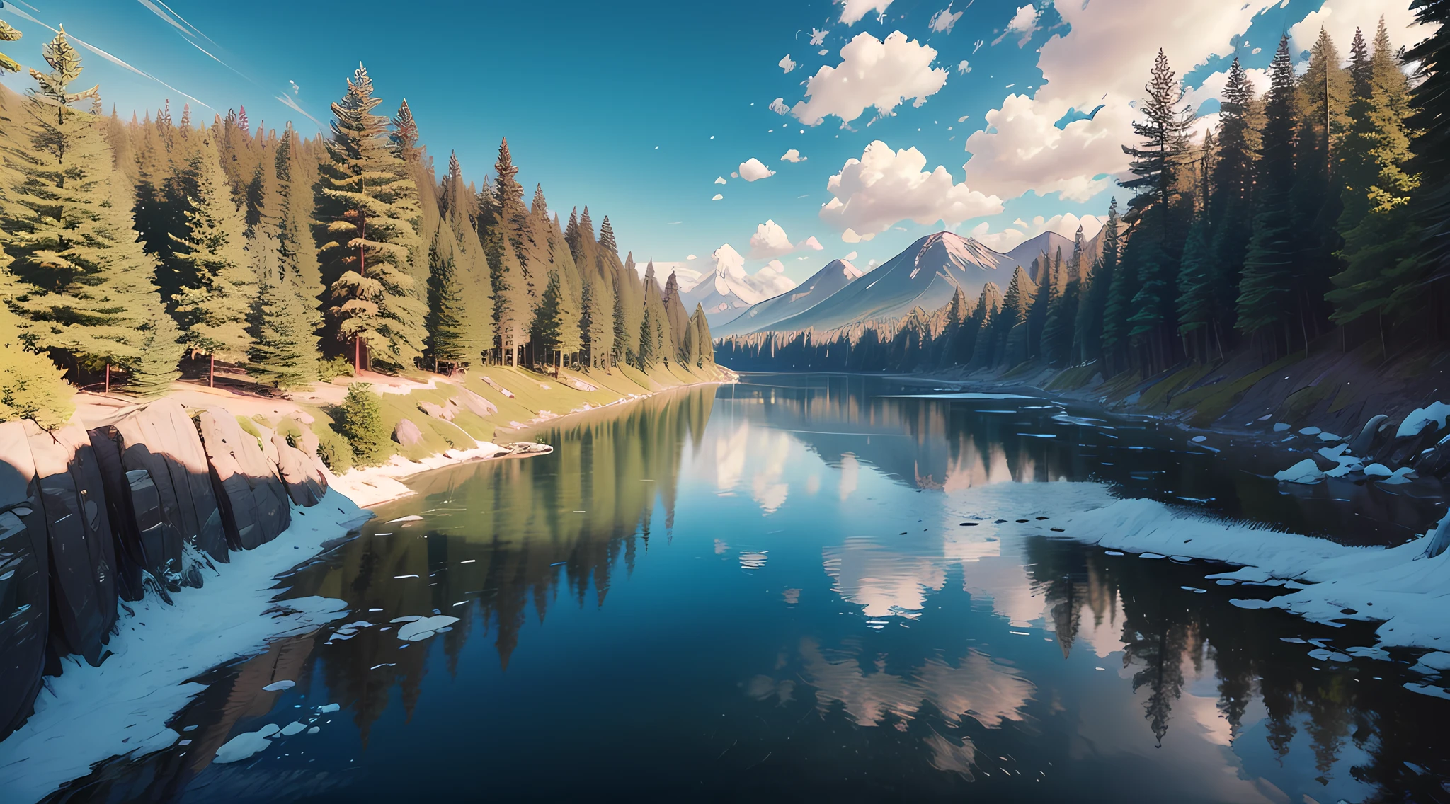 A mountain landscape with a winding trail that leads to a crystal clear lake.
as if he were shooting with a GoPro camera. For example, a first-person perspective (POV), where the point of view is as if it were seeing through the eyes of the observer.
Realistic details trees in the scene, leaves, trunk texture, etc.
Lighting and shadows: a sunny day with realistically projected shadows. This will help create a sense of depth and realism.
Colors and textures colors and textures For example, waterfall in the scene, the appearance of the moving waters, the white foam and the reflections of the sun.
Moving elements, birds flying, and people walking.
General atmosphere feeling of serenity and calm.
Visual references photos taken with a GoPro camera.