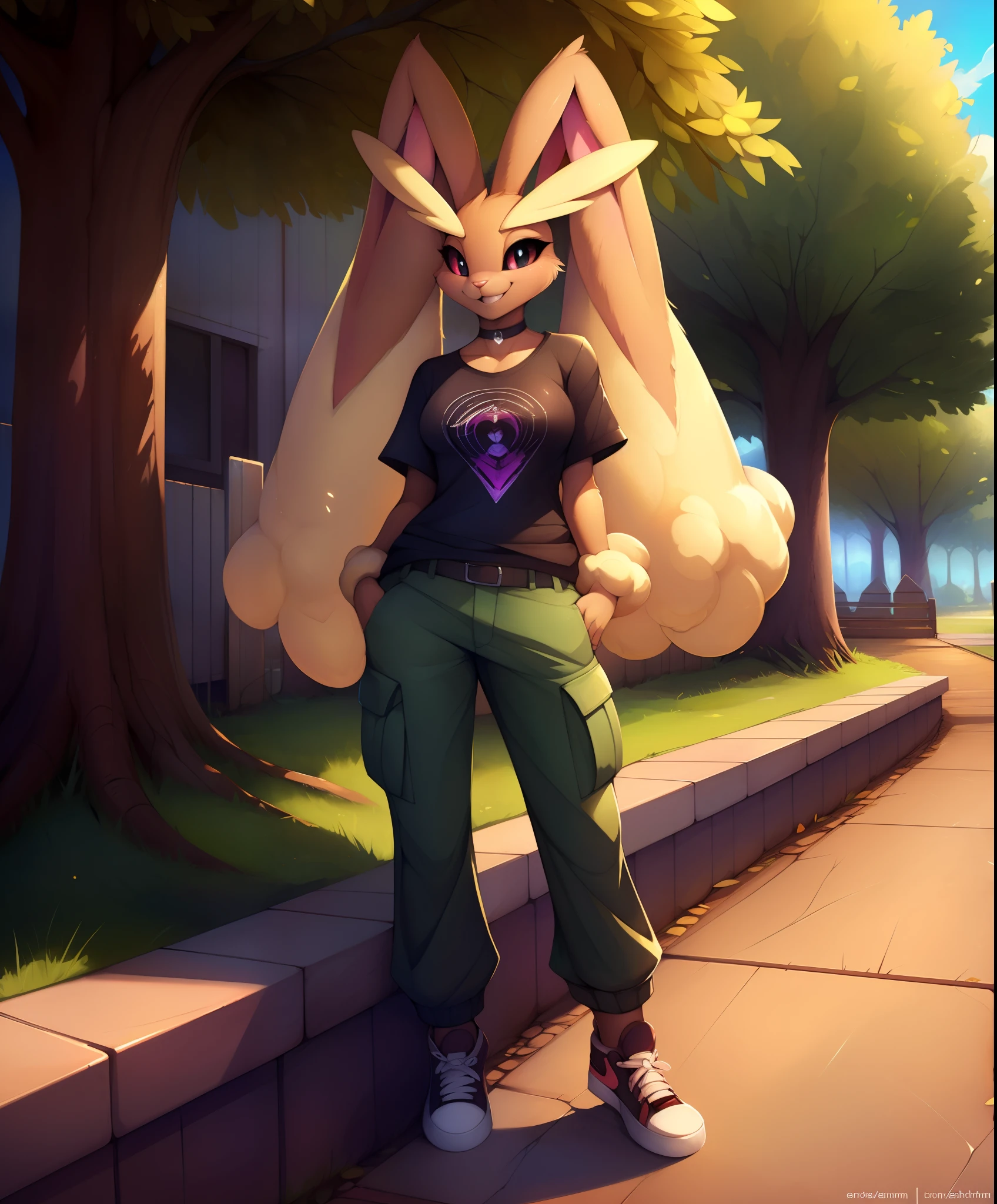 vaporunny, lopunny_ears, (white_pupils, black sclera), 1girl, counter shading, volumetric lighting, choker, (wearing a black graphic t-shirt), casual clothes, (cargo pants), sneakers, hands in pockets, best quality, smile, trees, sidewalk, leaning on fence, by einshelm|by tom_fischbach