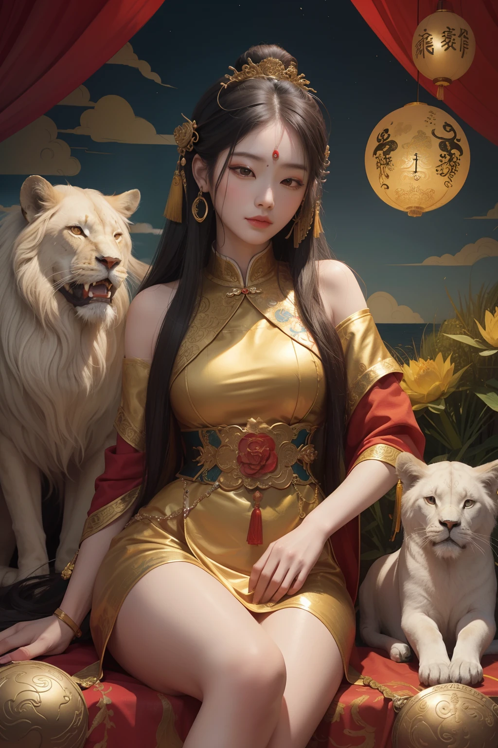 an ancient Chinese goddess, guanyin of the southern seas, Guanyin, Inspired by China, Avalokiteshvara rides a lion，,Serene expression,shui mo hua,Buddha,Buddhist,Lotus,Chinese painting style,Thangka style