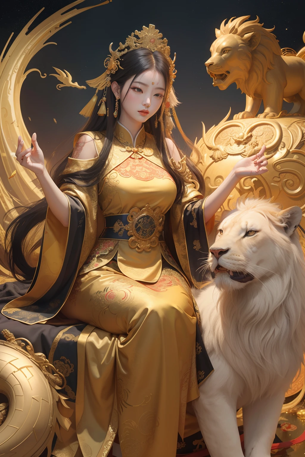 an ancient Chinese goddess, guanyin of the southern seas, Guanyin, Inspired by China, Avalokiteshvara rides a lion,,Serene expression,shui mo hua,Buddha,Buddhist,Lotus,Chinese painting style,Thangka style