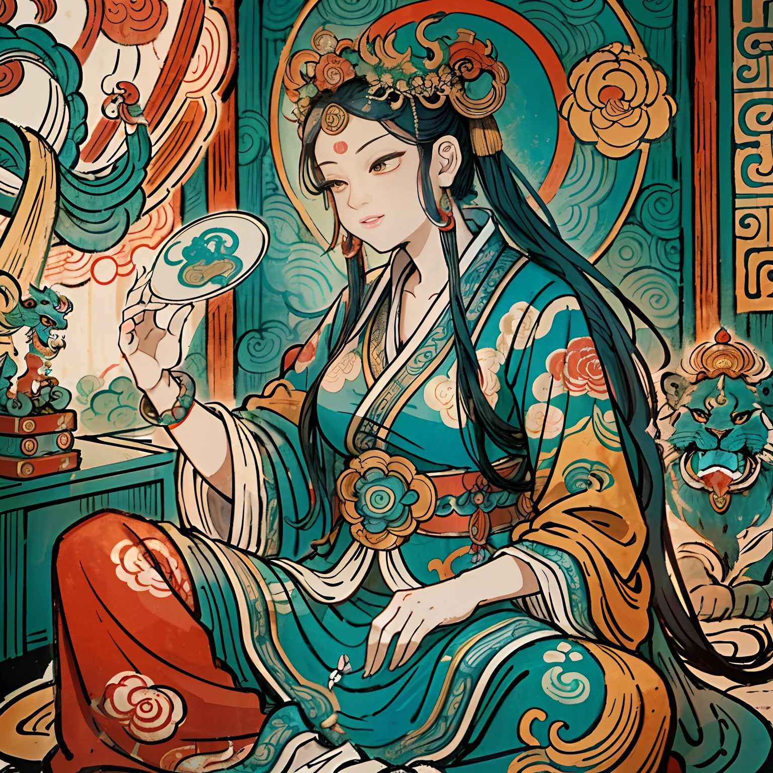 an ancient Chinese goddess, guanyin of the southern seas, Guanyin, Inspired by India, Avalokiteshvara rides a lion，,Serene expression,shui mo hua,Buddha,Buddhist,Lotus,Chinese painting style,Thangka style