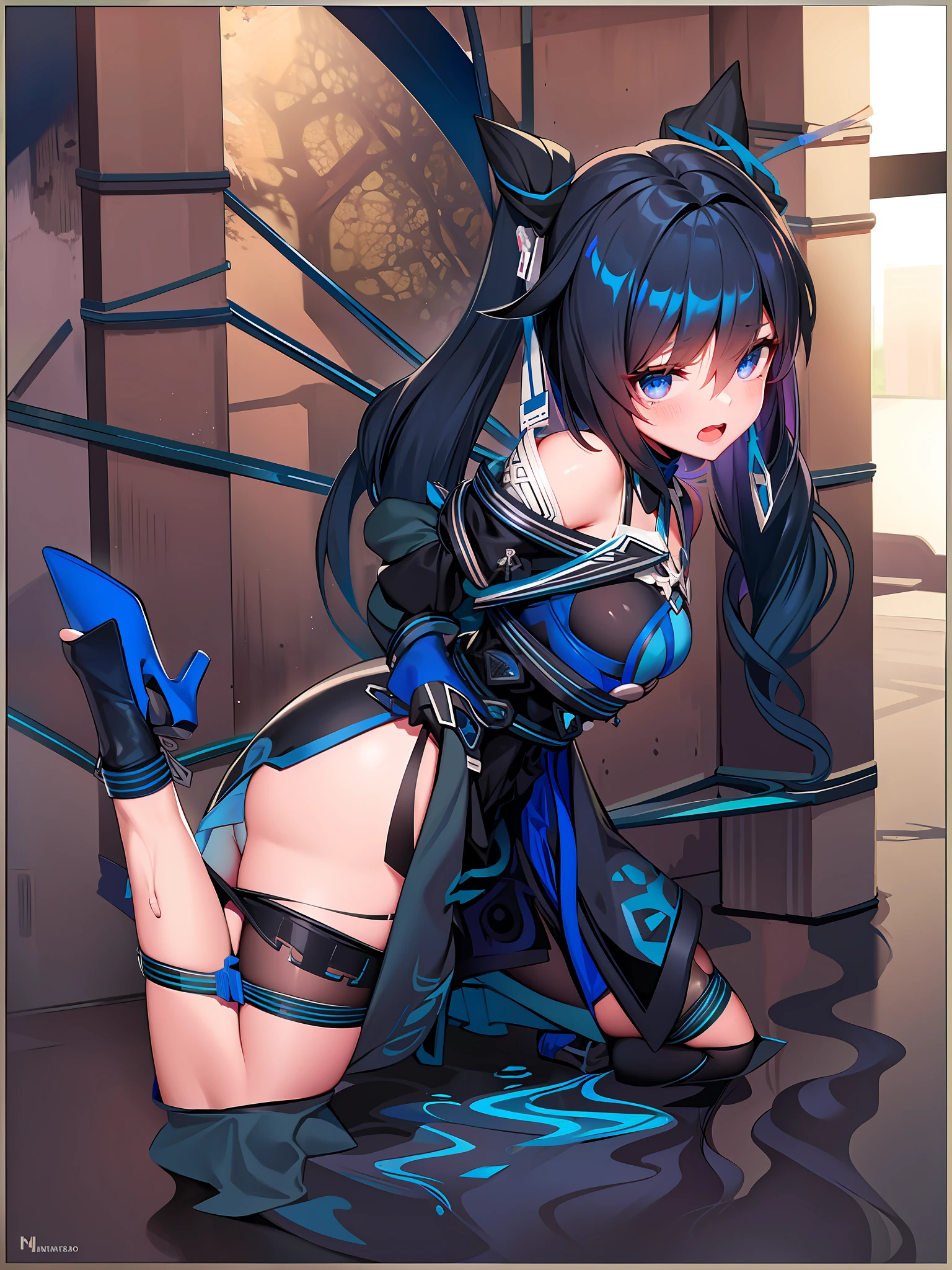 A beauty in stockings,a matural female,Blue translucent miniskirt,cabelos preto e longos,fearful expression,Tears in the eyes