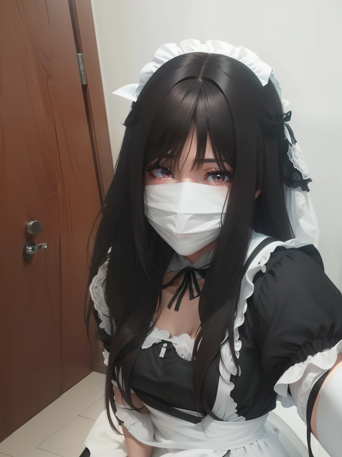 the maid outfit,brunette color hair,blackigeyes,quadratic element,Fair skin