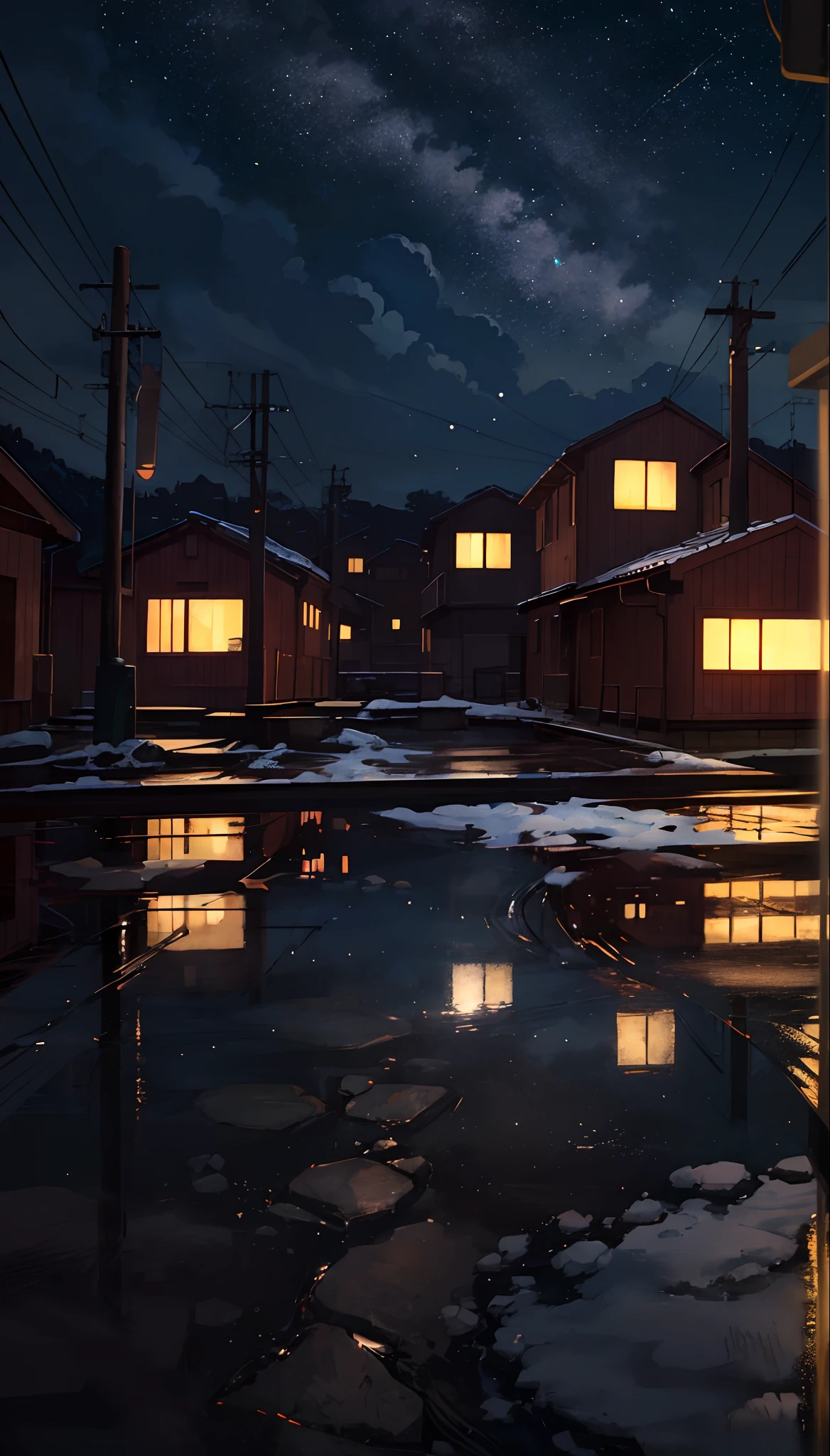 High quality masterpiece, landscape, anime train passing through bodies of water on tracks, bright starry sky. Romantic train, pixiv, concept art, lofi art style, reflection. by Makoto Shinkai, lofi art, Beautiful anime scene, Anime landscape, detailed scenery —width 672, in style of Makoto shinkai, style of Makoto shinkai, enhanced details.