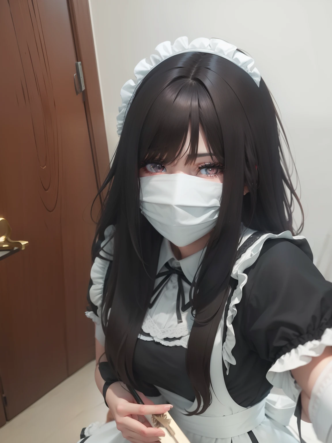 the maid outfit,brunette color hair,blackigeyes,quadratic element,Fair skin