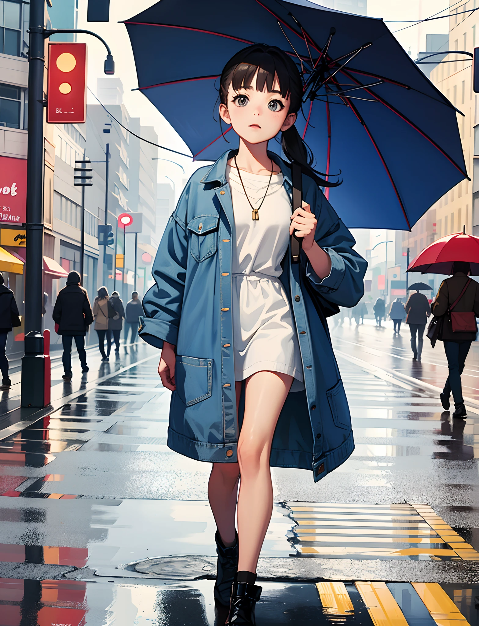 HighestQuali，A *********** holding an umbrella in her hand，Comb the ponytail，Wear a denim jacket，Walk the streets of the city，Pedestrians on the road，With a necklace，Surreal，of a real，Ultra-wide shot，It was raining