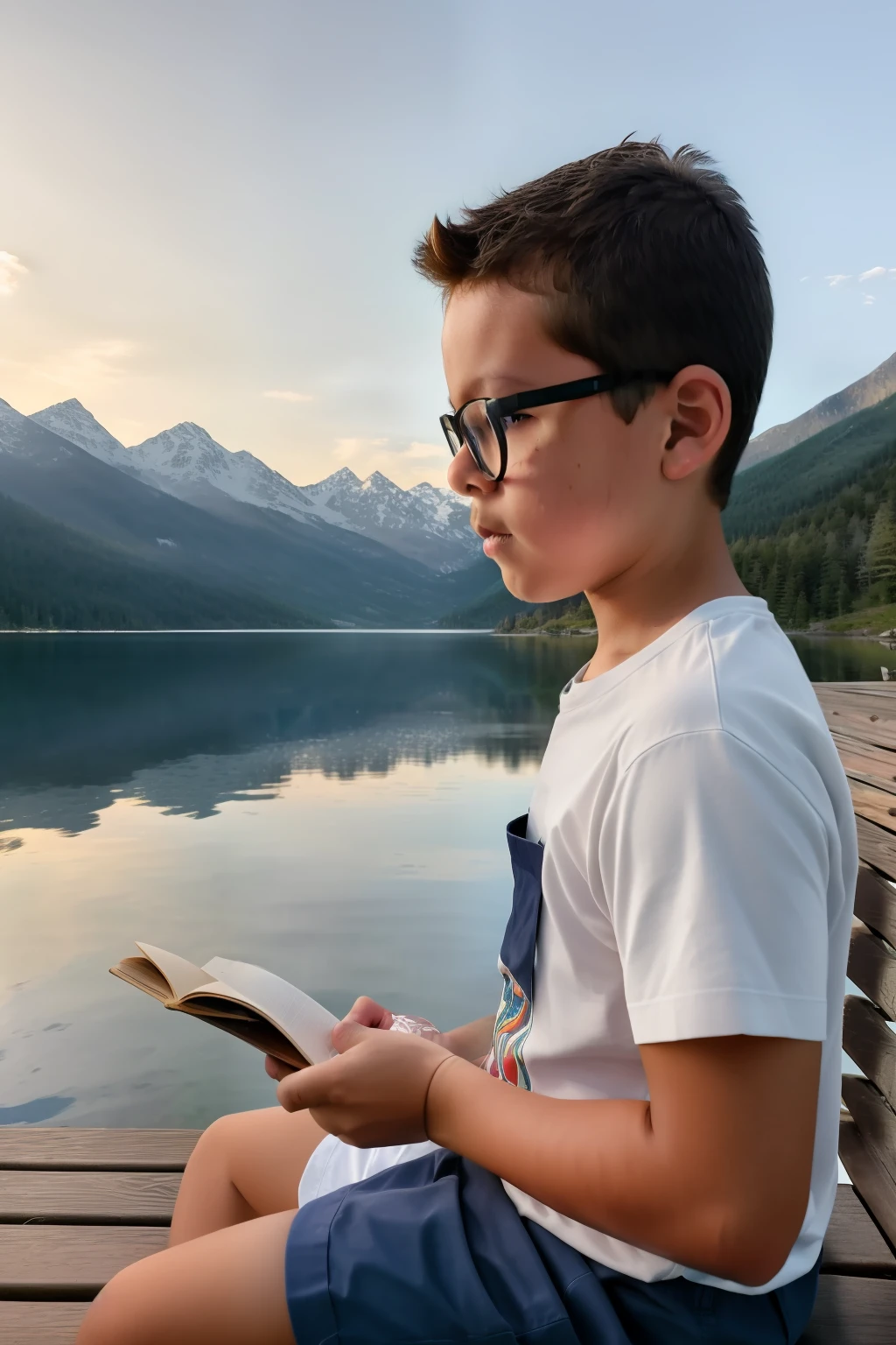 guttonerdvision10, A raw portrait capturing the essence of a 2-year-old boy wearing glasses. He sits directly facing the viewer on a wooden bench, engrossed in reading a book. The setting is in front of a serene lake. The focus is intentionally placed on the boy, with the background of tall mountains slightly blurred to highlight his presence.
The scene is enhanced by the picturesque beauty of the sky painted with the colors of sunrise. Clouds characteristic of the early morning create a colorful backdrop, adding to the overall charm of the setting.
The details of the boy's skin are carefully rendered with a scaling factor of 1.2, ensuring a lifelike and nuanced portrayal. The hyper-realistic touch with a factor of 1.2 adds depth and intricacy to the features, making the boy's expression and features come to life.
This portrait is created in Ultra High Definition (UHD) to provide exceptional clarity and resolution, allowing every detail to shine through. The scene is designed to evoke a sense of tranquility and wonder, with the boy's engagement in reading highlighted against the backdrop of the lake and mountains.
The composition emphasizes the boy's interaction with the book and the surrounding natural beauty. The soft focus on the mountains creates a depth of field effect, keeping the boy as the central focus of attention.
Overall, the raw portrait captures a heartwarming and visually captivating moment of a young boy enjoying his book by the tranquil lakeside, with the magic of sunrise painting the sky in the background.